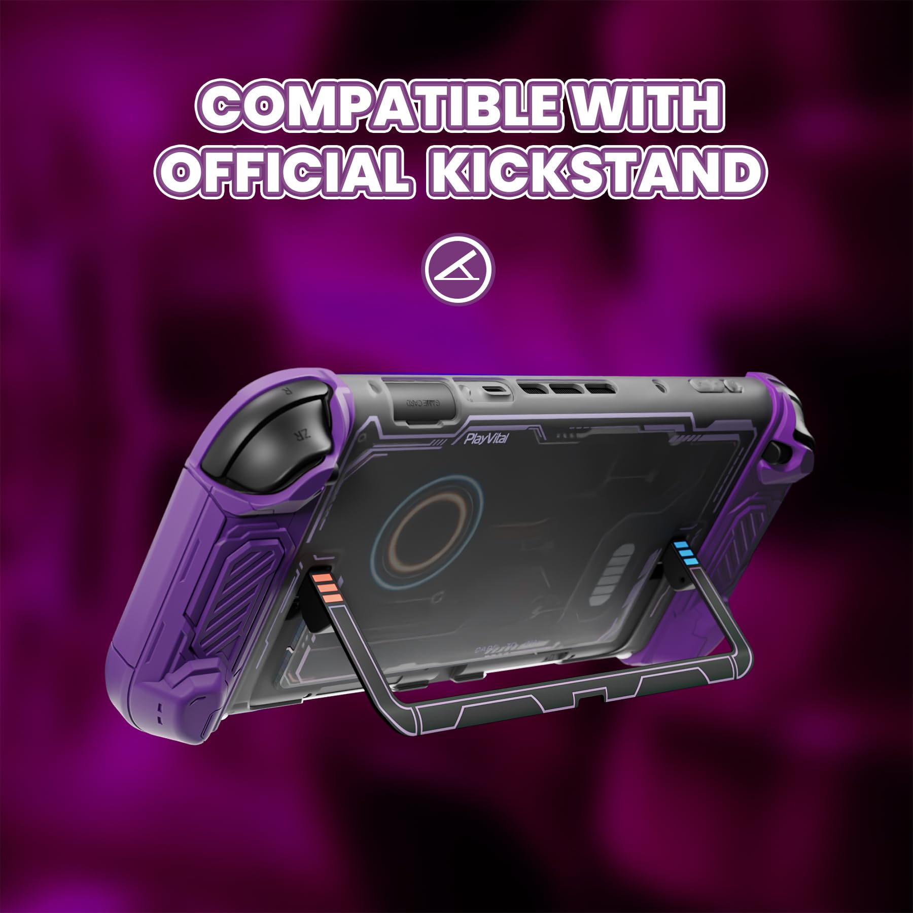PlayVital Protective Case for Nintendo Switch 2, Stellar Mecha Ergonomic Anti-Slip Silicone Grip Cover, Dockable Hard Case Shell for Switch 2 with Joystick Cap & Sticker - Smoky Purple - 3