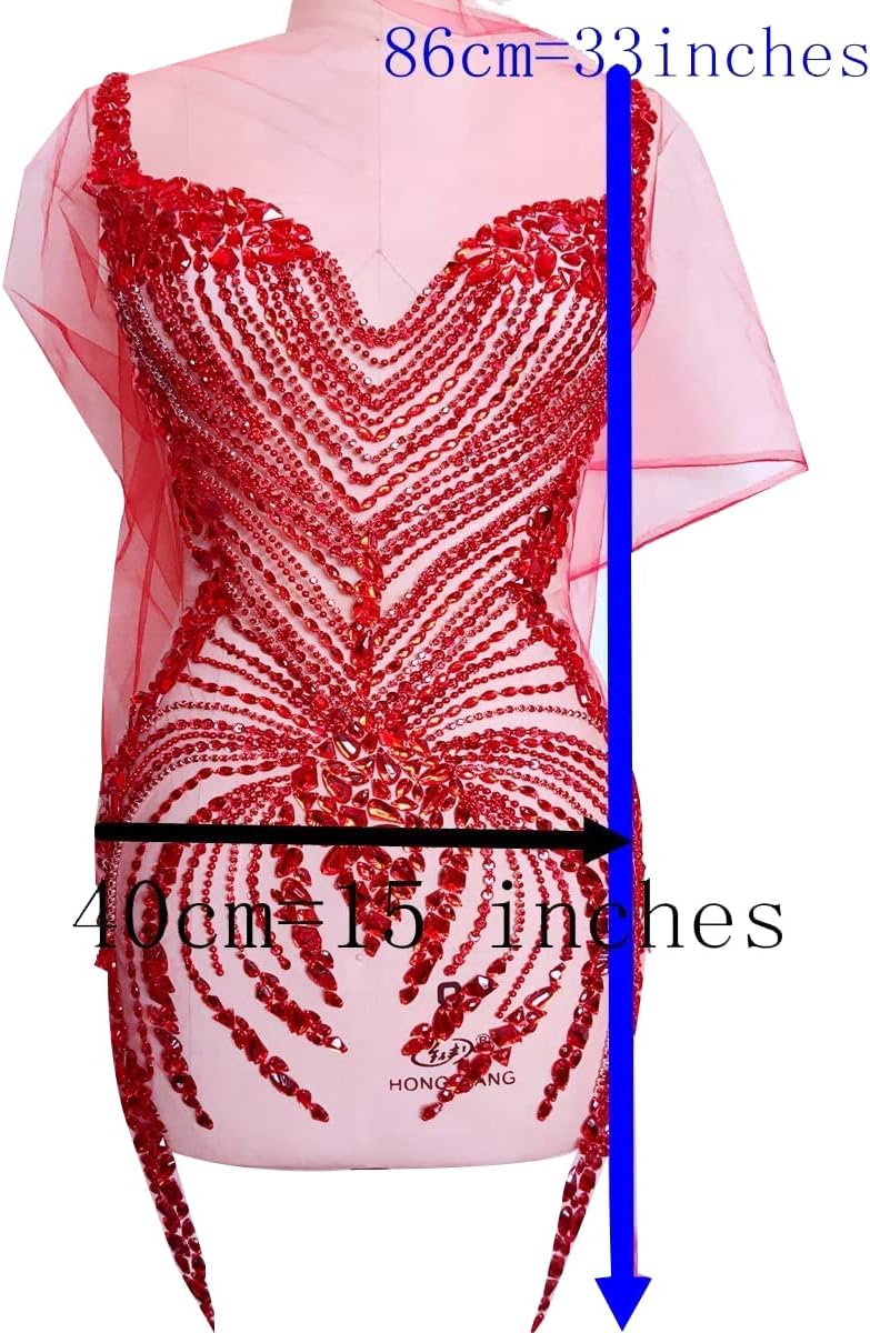 Handmade Big Rhinestones Patches sew on Beads Applique on Same Colour net Dress Clothes Accessory (Red)