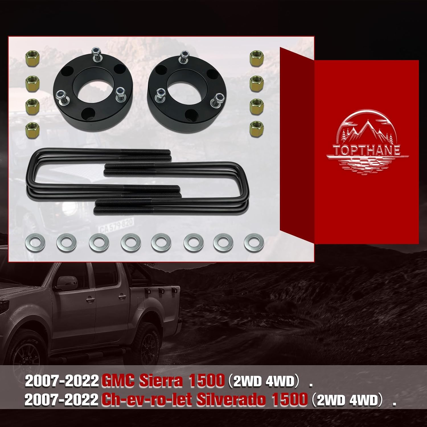 3" Front and 2" Rear Leveling Lift Kits for 2007-2024 Chevy Silverado 1500 GMC Sierra 1500, 3'' Front Strut Spacers and 2'' Rear Leveling kit, Black Suspension Lift Kits