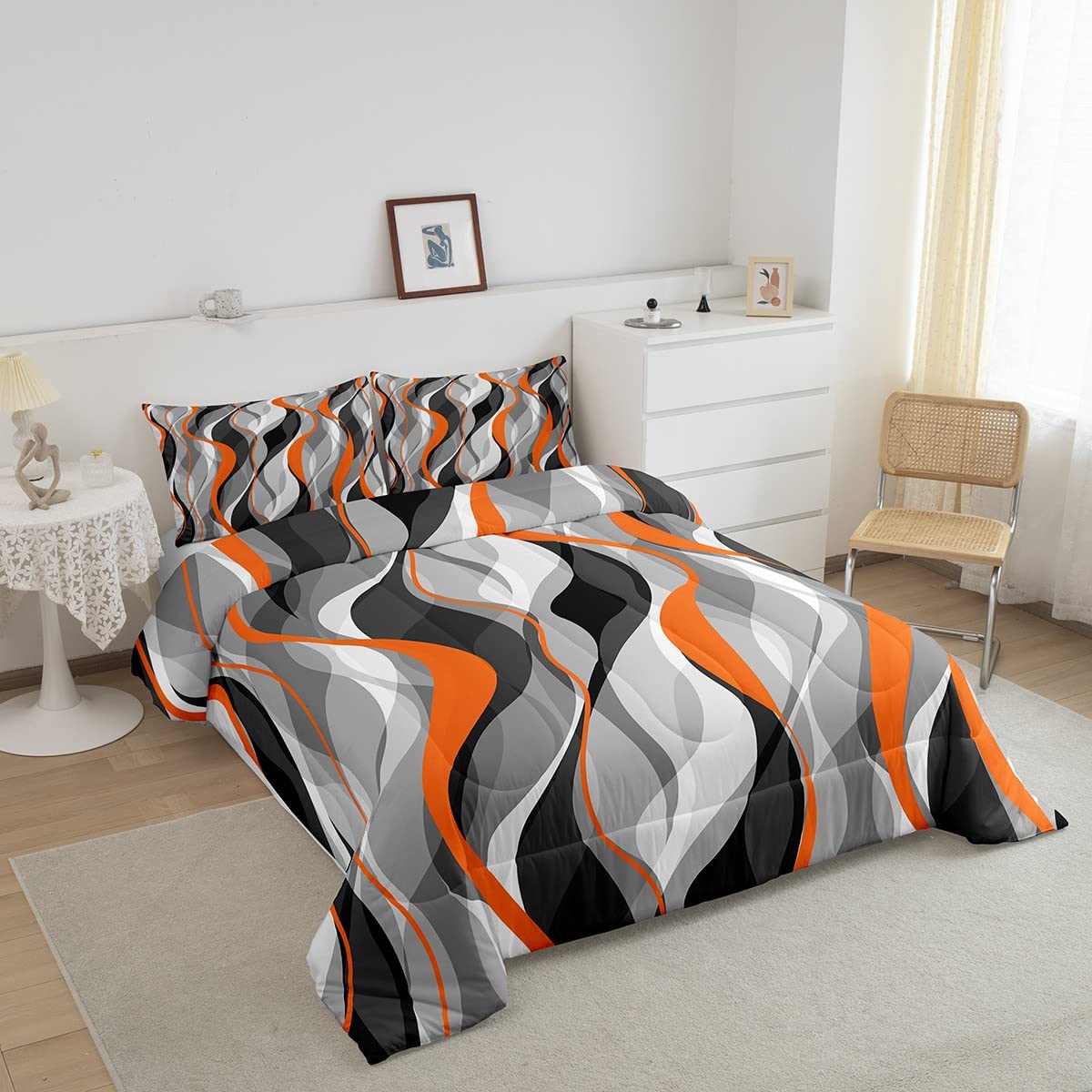 Feelyou Orange Grey Black Stripes Comforter Set Queen Size Kids Geometric Comforter for Boys Teens Geometry Bedding Set Modern Striped Art Abstract Art Duvet Set Room Decor Quilt Boys