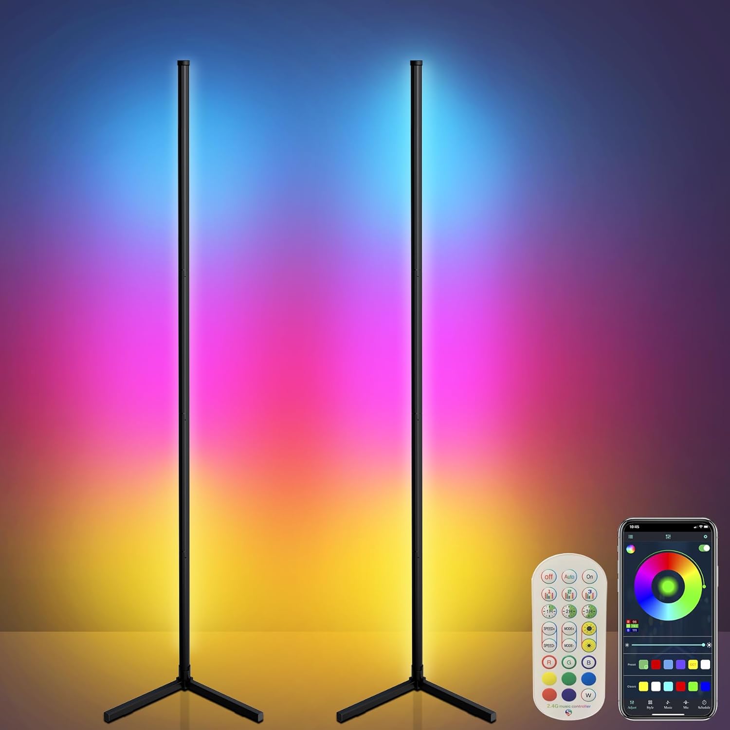 Corner Floor Lamp,65”Color Changing LED Floor Lamp with Music Sync,Modern Mood Lighting Corner Lamp with Remote&App Control,Creative DIY Mode&Timing,RGB Floor Lamps for Living Room Gaming Room-2PCs