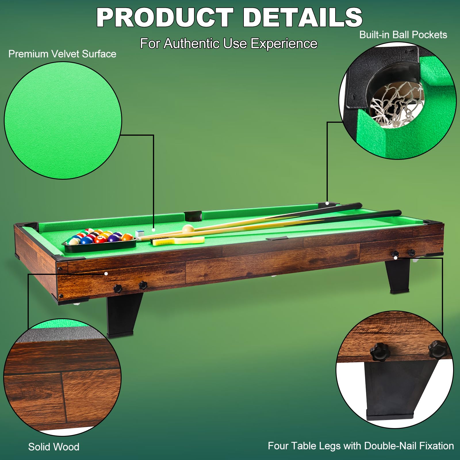 Mini Table de Billard, 4 FT Table de Billard Amusante, Tapis Feutrine Verte, Tous Accessoires Inclus, Table de Billard, Piscine Bureau pour Enfants Adultes