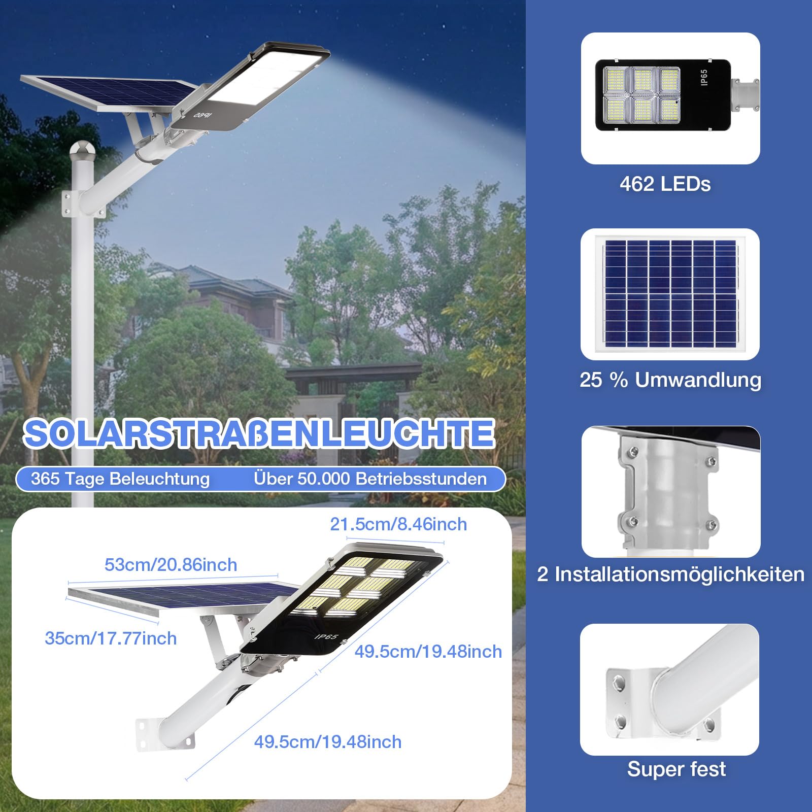 Solarlampen für Außen mit 462 LEDs, 40000LM Solar Straßenleuchte mit Bewegungssensor & Fernbedienung, IP65 Wasserdichte 20000mAh Solarleuchte für Garten, Hof, Garage und Parkplatz, 6500K Kaltweiß