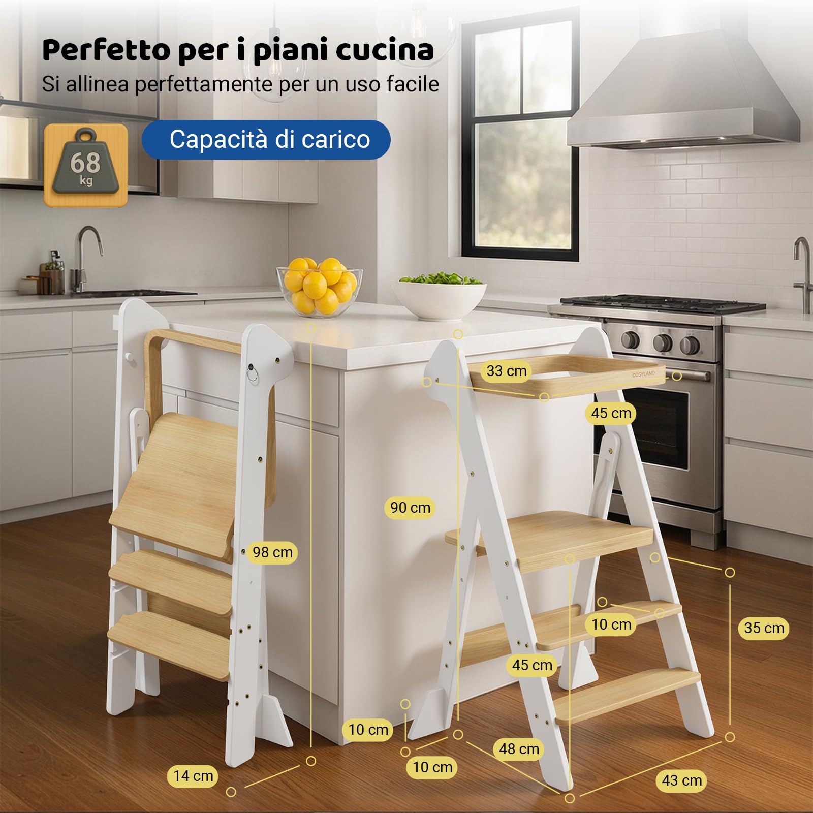 COSYLAND Torre Montessoriana Pieghevole Pre-Assemblata – Torretta Montessoriana Regolabile in Legno, Design Premiato IF, Sicura, Salvaspazio e Adatta ai Bambini 18M-6A (Bianco & Naturale)