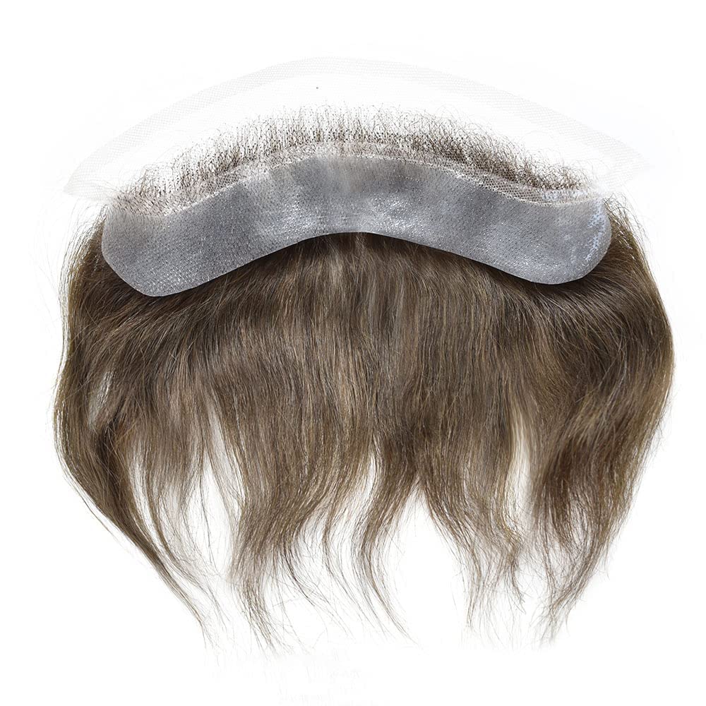 French Lace Front Mens Frontal Hairpiece for Receding Natural Hairline V-Shape Lace Poly PU Forehead Human Hair Replacement System Toupee for Men (4cmX18cm, #4 Medium Brown)