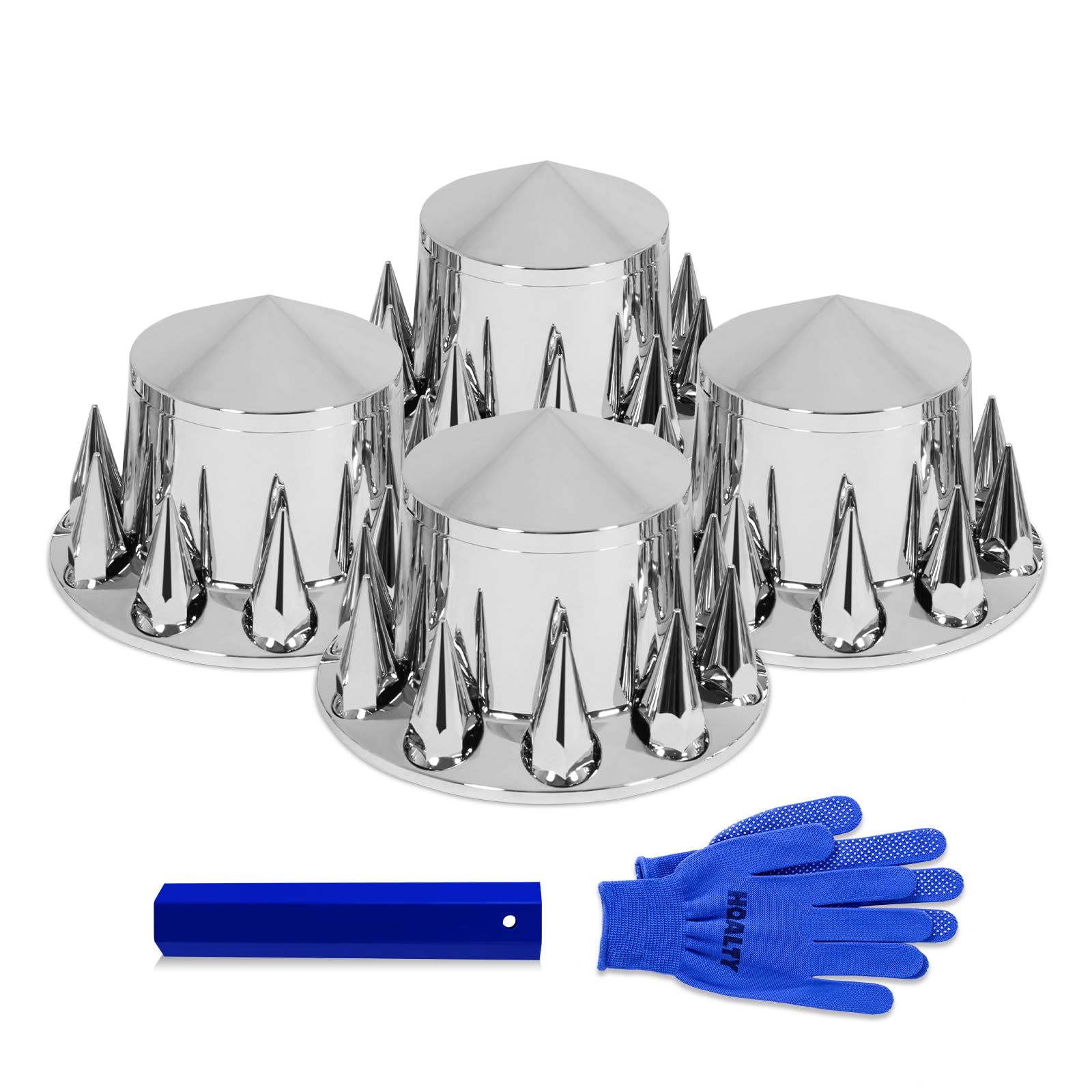 Chrome Pointed 4 Rear Axle Cover Kit with 32mm/33mm Spike Screw-on Lug Nut Covers with Removable Hub Caps for Semi Truck (Installation Tool Included)