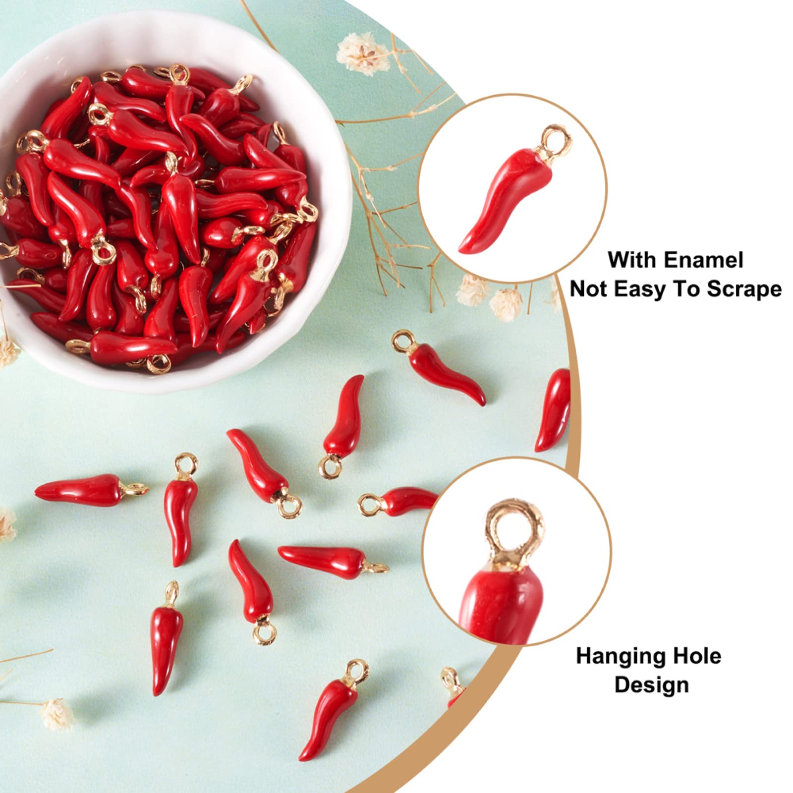 100 ciondoli in lega smaltata a forma di peperoncino rosso, accessori per gioielli, bracciali, orecchini, collane, fai da te, foro: 2 mm