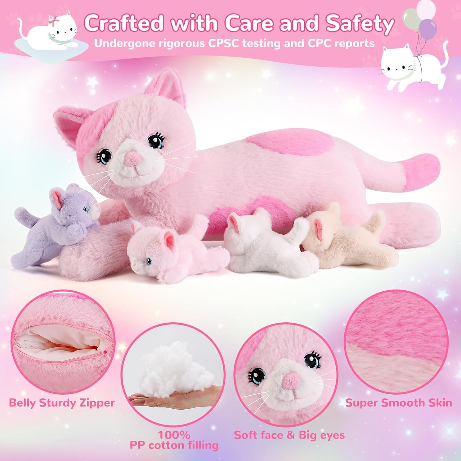 5 Pieces Cat Stuffed Animals with Babies Inside Belly - 1 Mommy Stuffed Cat with 4 Kittens - Stuffed Kitty Plush Toys for Kid Age 3-8, Gift Ideal for Christmas, Valentine's, Birthday (Pink) - Image 4