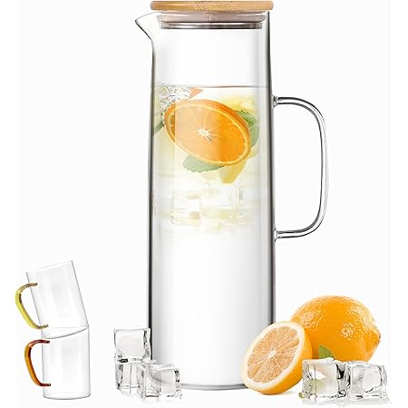 ZRRHOO Glass Pitcher with Bamboo Lid and Spout, 52oz/1500ml Clear Water Pitcher with 2 Cups, Handle and Brush, Heat Resistant Carafe for Iced Tea, Cold Brew, Juice, Sangria, Lemonade, and More…