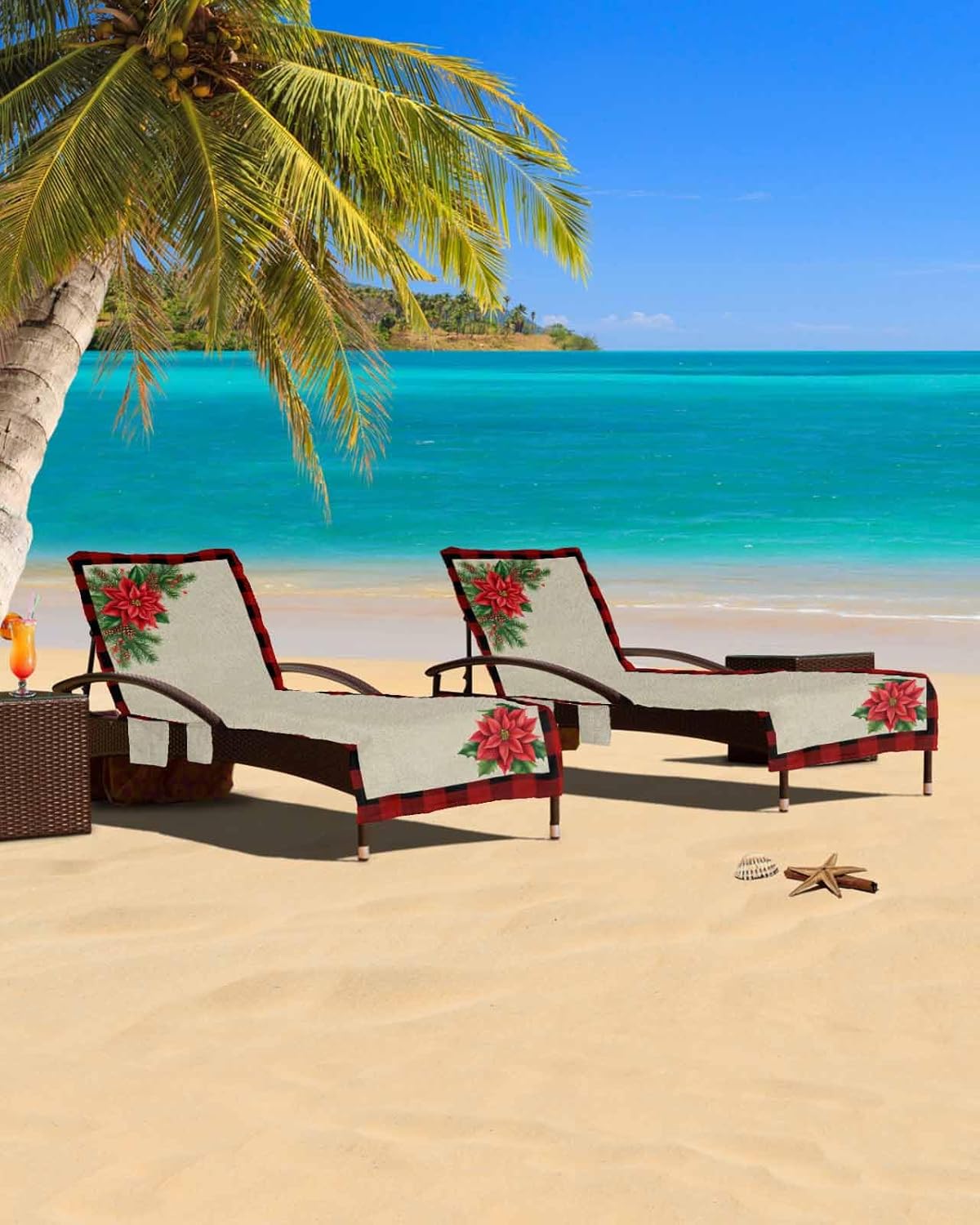 Christmas Holly Beach Pool Patio Lounge Chaise Chair Cover Towel With Pockets,Absorbent & Quick Dry Microfiber Towel Cover Bag Summer Sunbathing Accessories Xmas Pine Poinsettia Rustic Retro Plaid Red