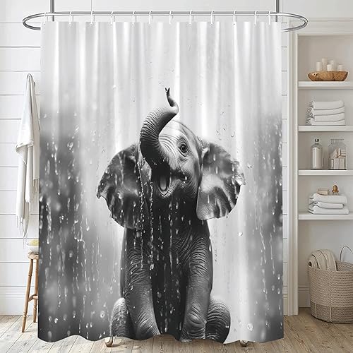 Miniatura 1 de Cortina de ducha con diseño de elefante, animales de granja, jugando al agua bajo la lluvia, color gris, divertida africana, grande, vida silvestre,