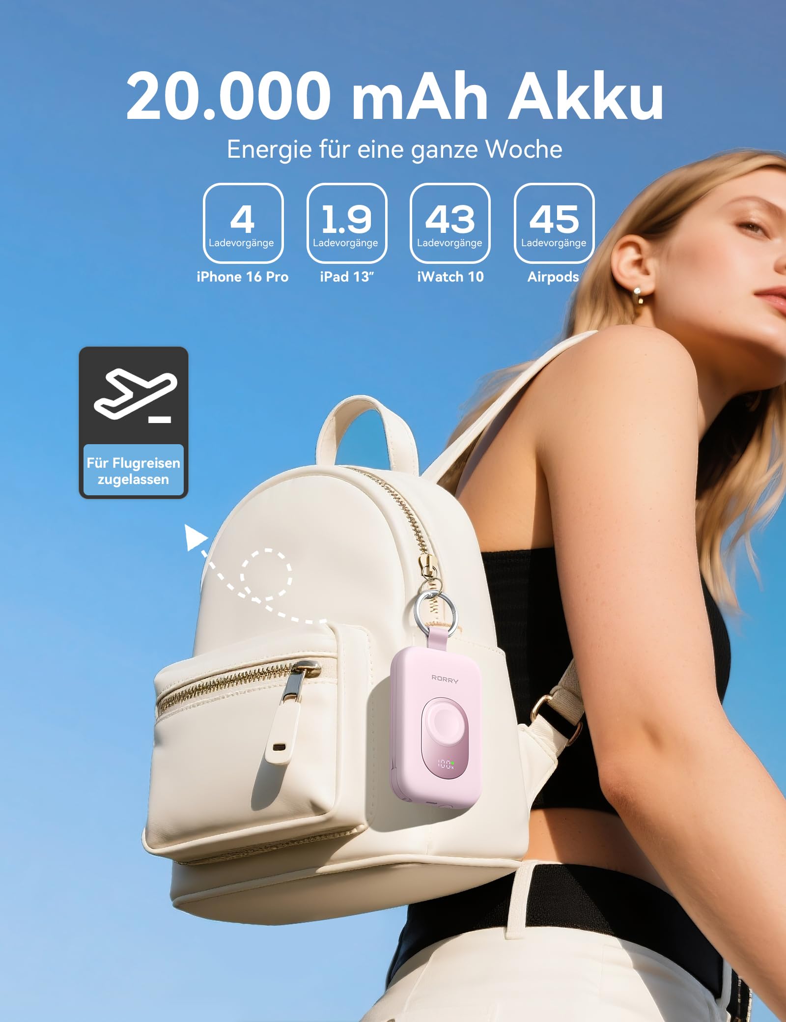 RORRY Powerbank, Power Bank 20000 mAh, 30 W PD, ricarica rapida, caricatore portatile con 2 cavi integrati, batteria esterna per cellulare con portachiavi, essenziale da viaggio per iPhone, Apple