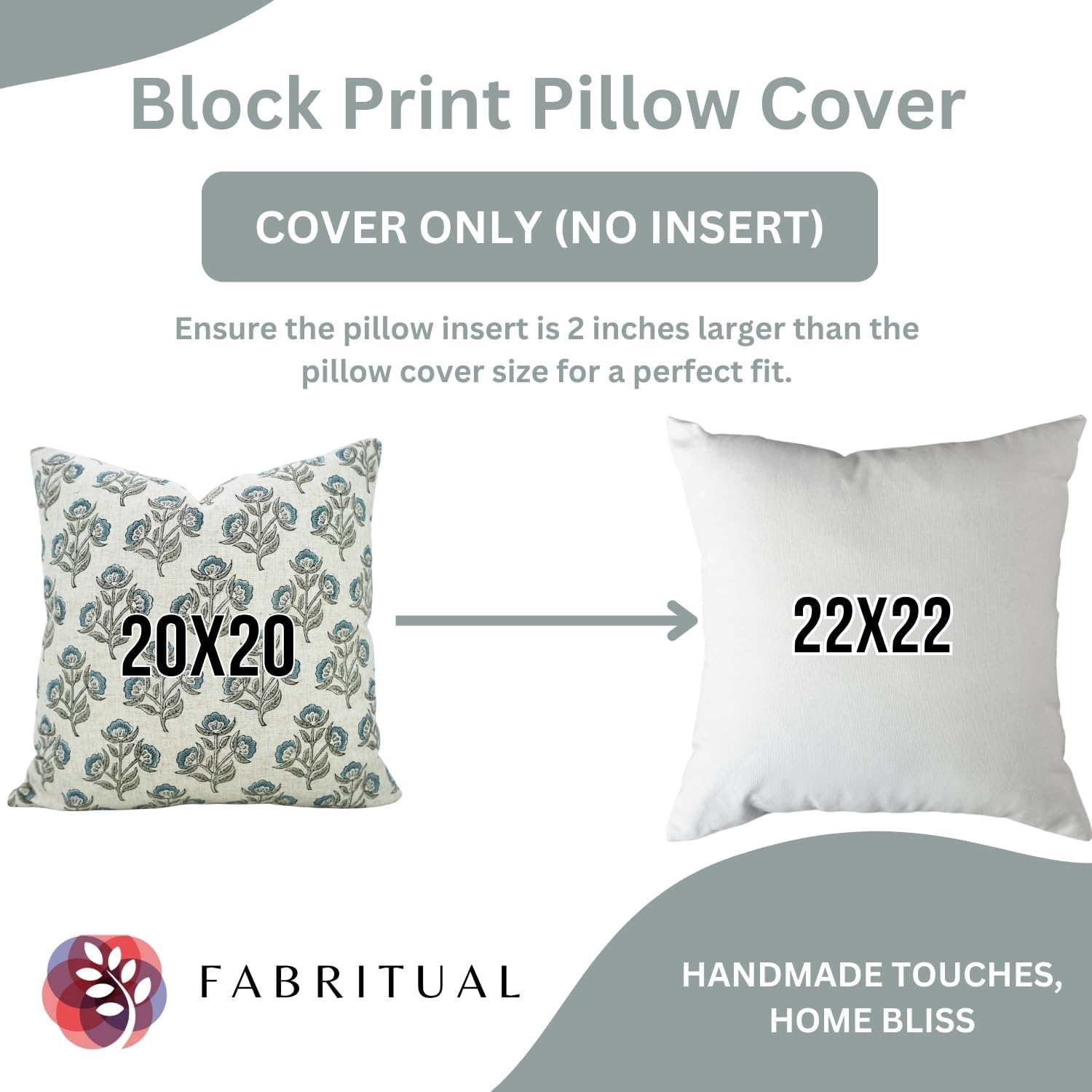 Viscose Linen Fabric Handmade Boho Block Floral Print Throw Pillowcase Cushion Cover 22x22 Inch Decoration for for Sofa, Couch, Chair, Living Room, Bedroom (Bel Patra-Light Blue)