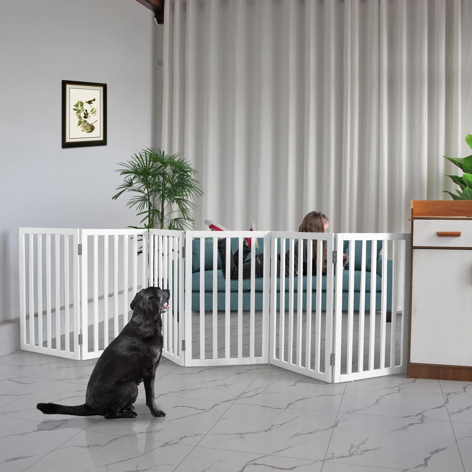 zjsf freestanding foldable dog gate for house extra wide wooden white puppy gate stairs dog gates doorways tall pet gate 6 panels pet fence