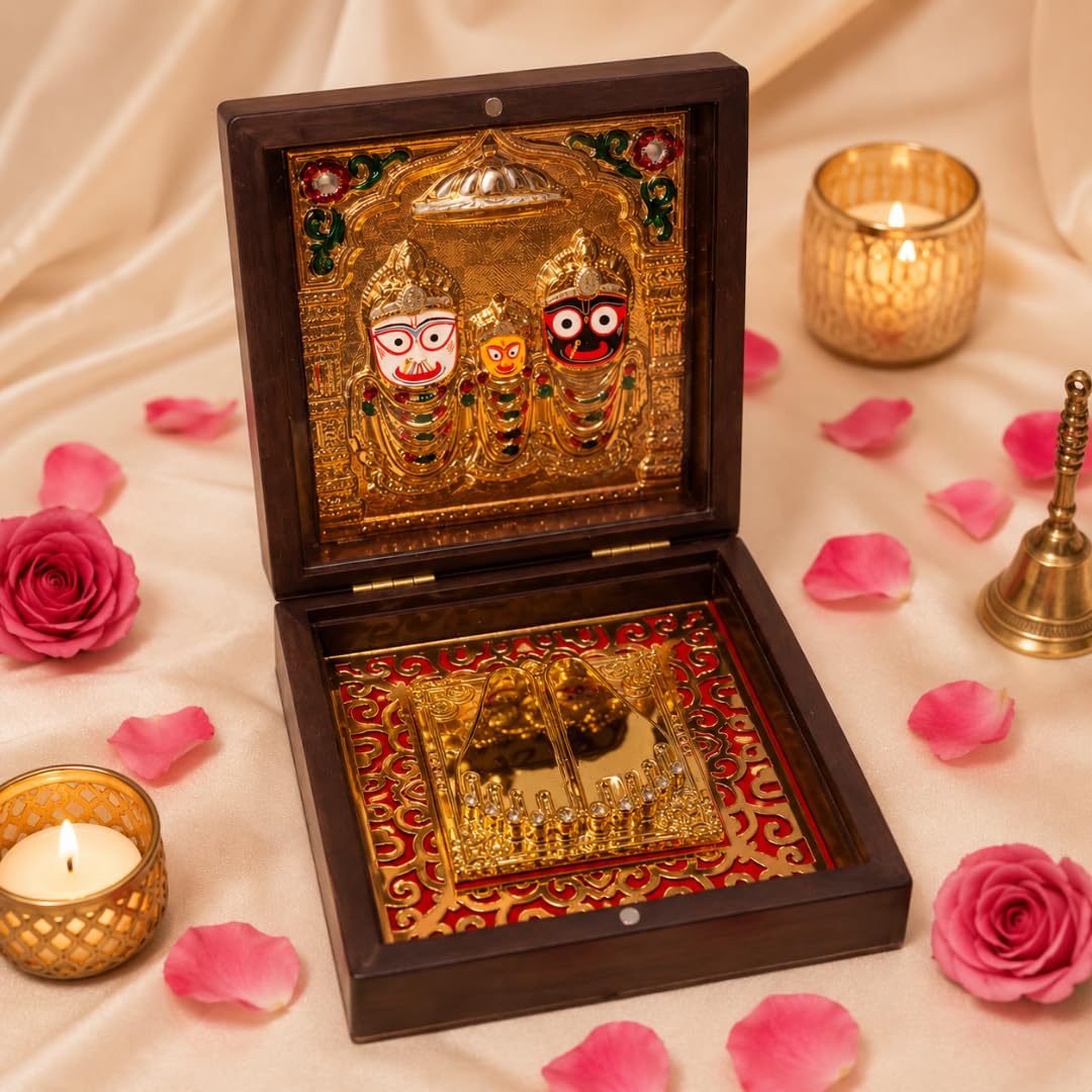 Northland 24KT Gold Plated Lord Jagannath, Balabhadra & Subhadra Idol with Charan Paduka Pocket Temple | Jai Jagannath Puri Murti | Lord Jagannath Idol for Home, Office, Puja Room, Office Desk, Gifts-image-34