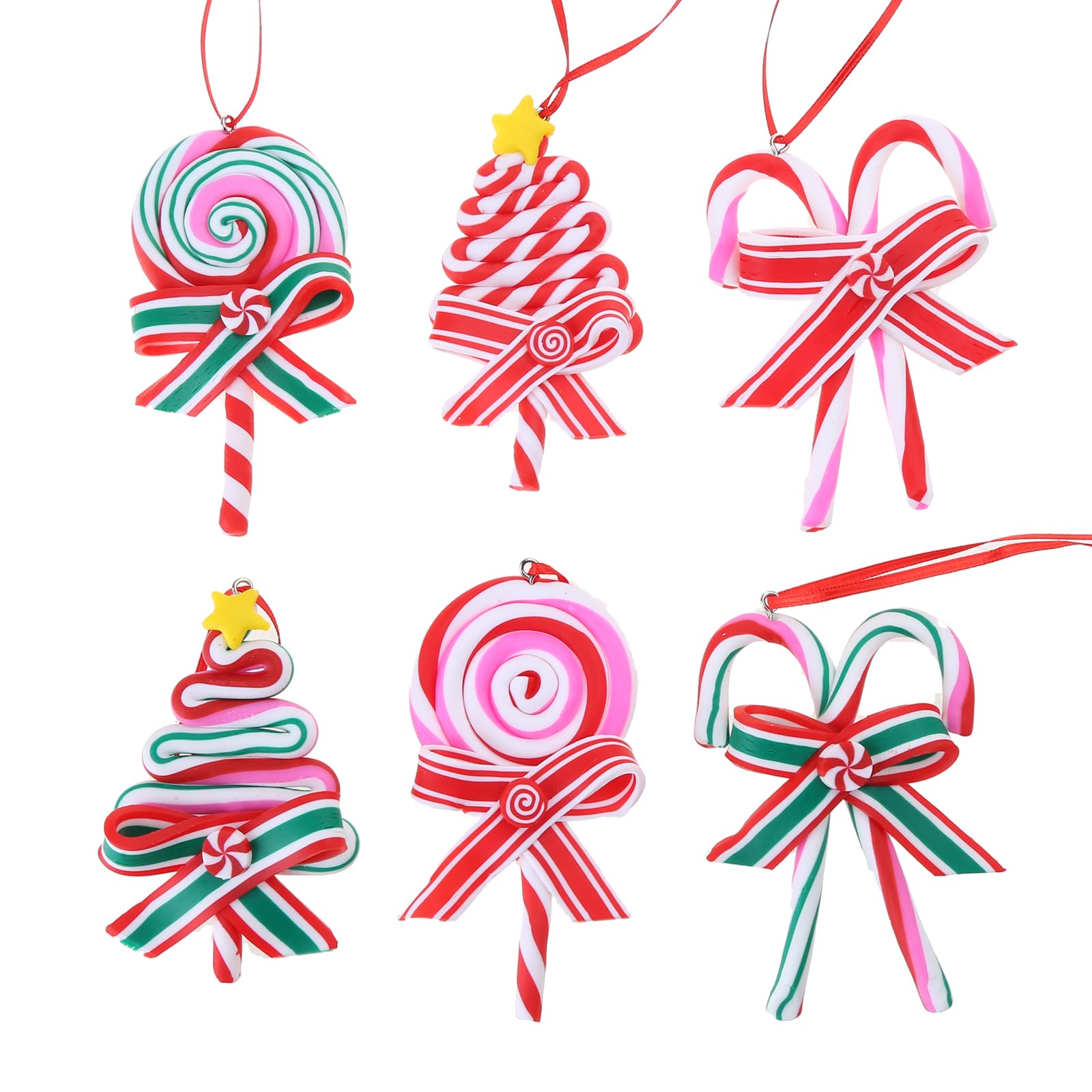 Buxuaaaa 6pcs / set Christmas Tree Ornament Soft Clay Candy Cane Lollipop Pendant Family New Year Gift Christmas Decorations 2023 Festive Ornaments