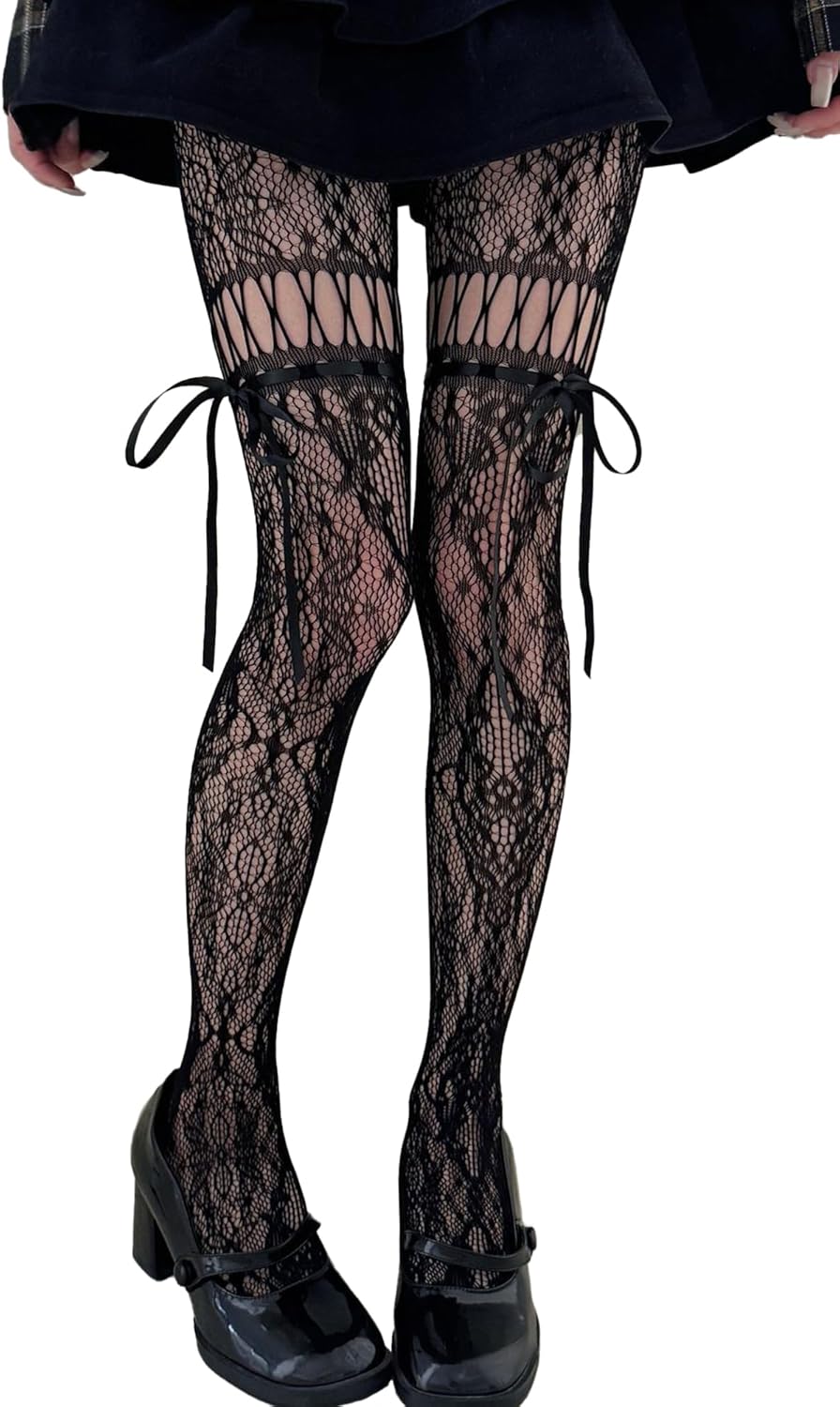 FEOYA Women's Lace Tights Y2K Floral Patterned High Stockings Stretchable Hollow Sexy Goth Fishnet Pantyhose