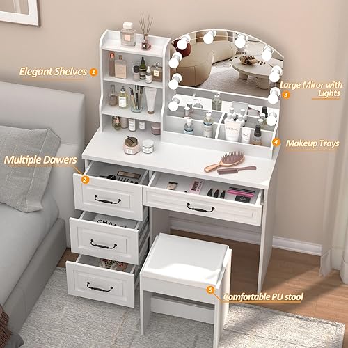 Miniatura 3 de Vabches Makeup Vanity Desk with Mirror and Lights & Power Outl,White Dressing Table 3 Lighting Colors, 4 Drawers, Makeup Vanity Set for Bedroom
