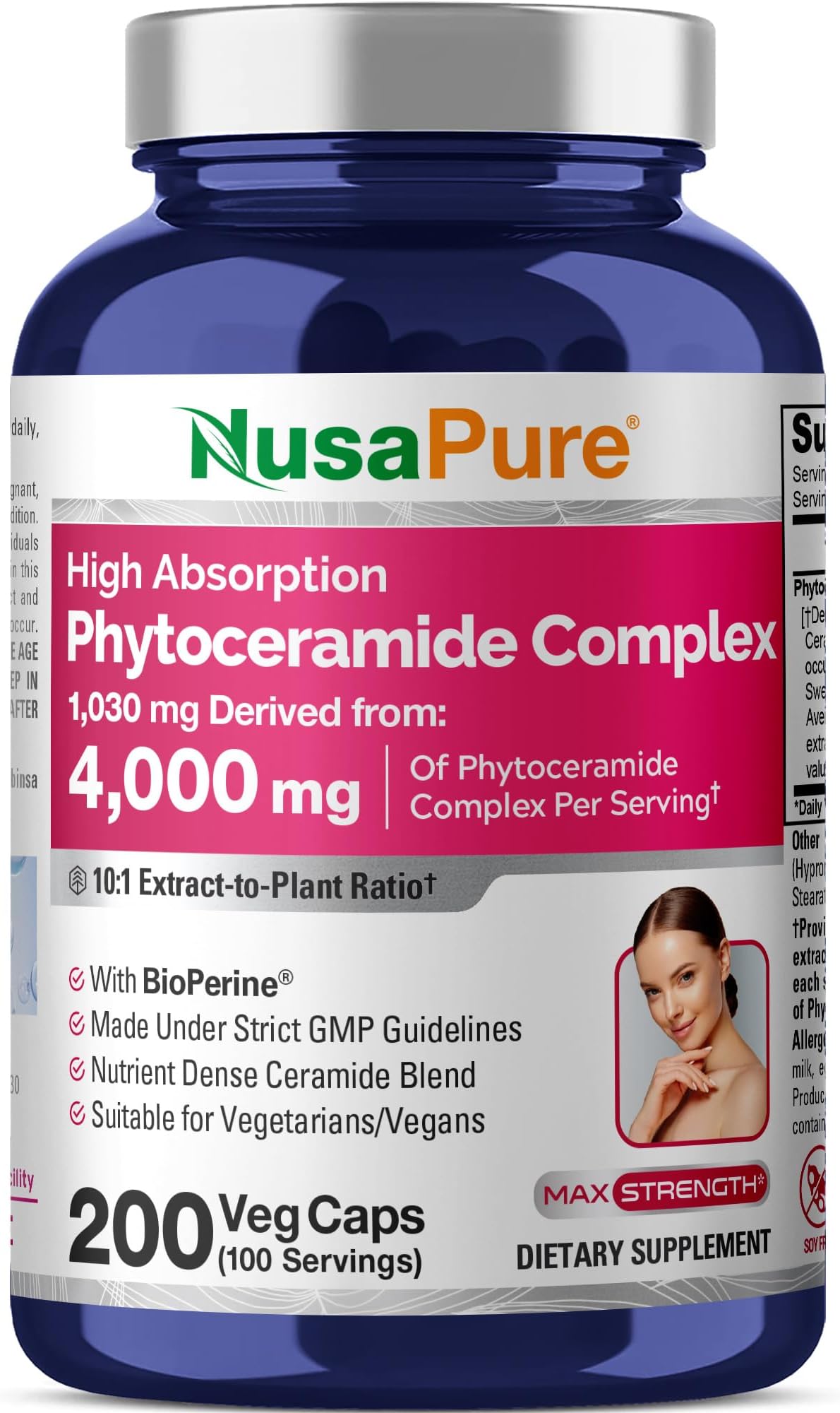 NusaPure Phytoceramide Complex 10:1 Extract, 1030 mg Equivalent to 4000 mg 200 Veggie Capsules (Non-GMO) Bioperine