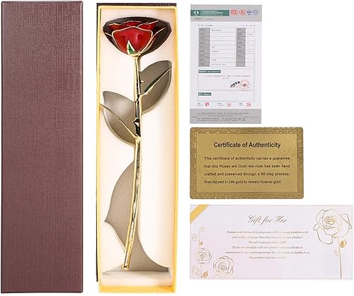 Miniatura 7 de Fydun Rosa dorada para adultos mayores, hoja verde, tallo largo, sumergida en oro de 24 quilates, en caja de regalo con soporte transparente, rosas