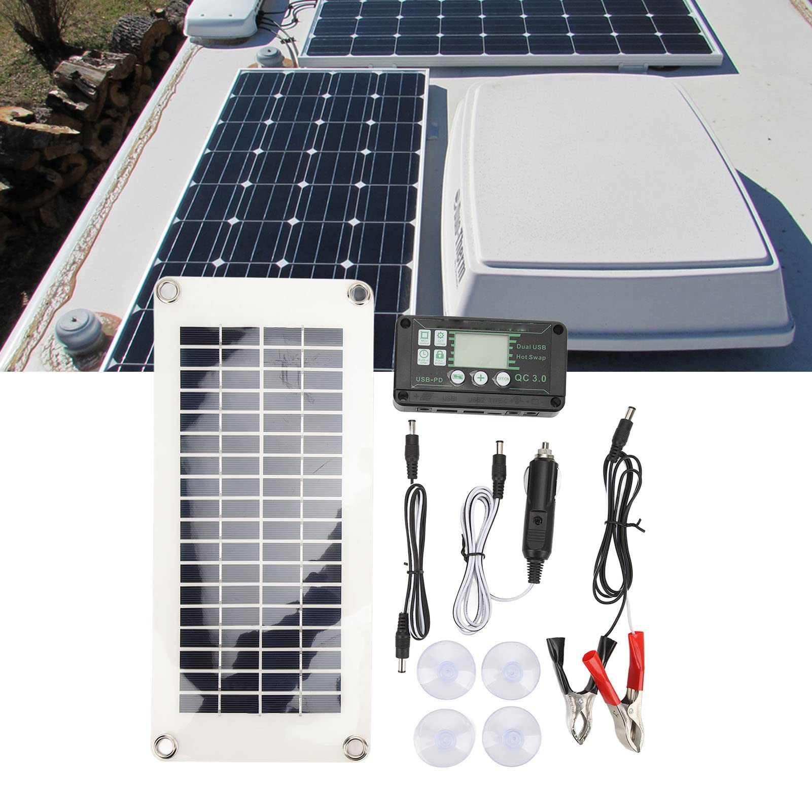 Pannello Solare per Camper, Kit Pannello Solare per Camper Pannello Caricabatterie in PET in Polisilicio da 30 W con Regolatore di Tensione di Carica da 50 A per Cabine Barche