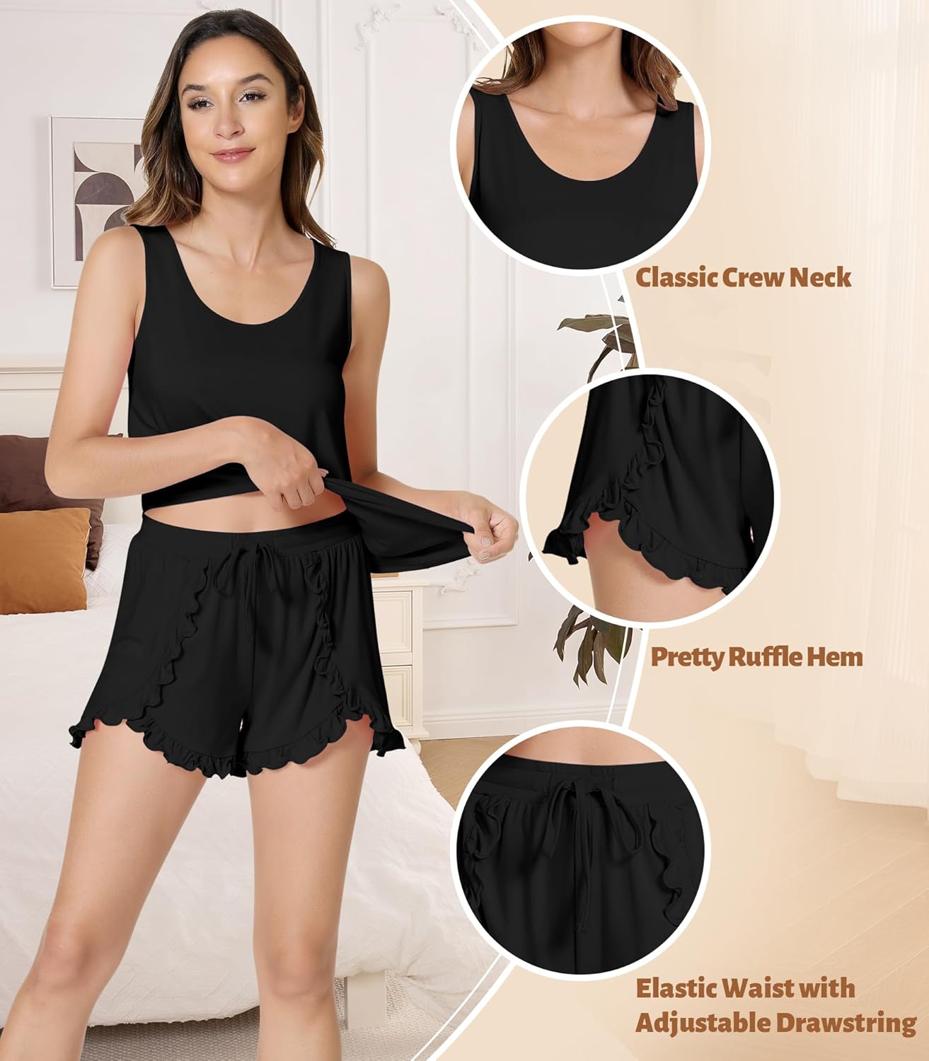 NACHILA Pajamas for Women-Viscose Made from Bamboo,Soft Tank Top Pj Sleeveless Pajama Shorts Set Cooling Sleepwear for Ladies