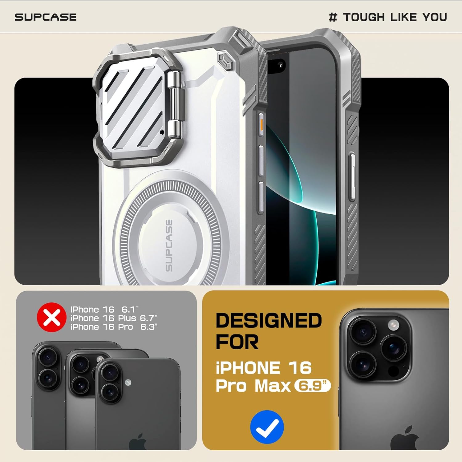 SUPCASE for iPhone 16 Pro Max Case with Camera Cover Stand (UBMag XT), [Compatible with MagSafe] [Built-in Kickstand] [Military-Grade Protection] Heavy Duty Rugged Magnetic Phone Case, White