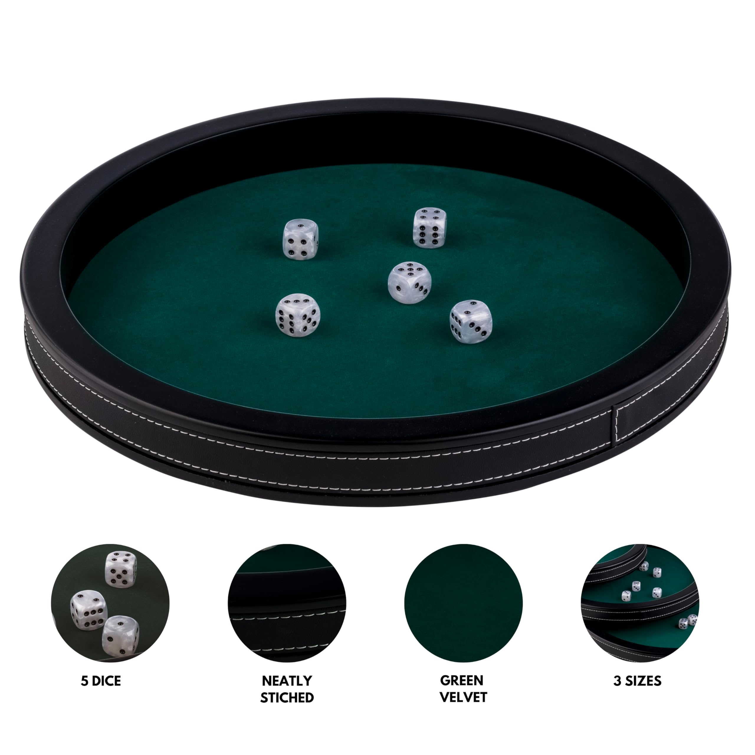 Engelhart-300801, Poker Table Tray Round 34 cm Luxury, Black Faux Leather, Inlaid Green Felt, Raised Edges, 5 Dice Included - Image 2