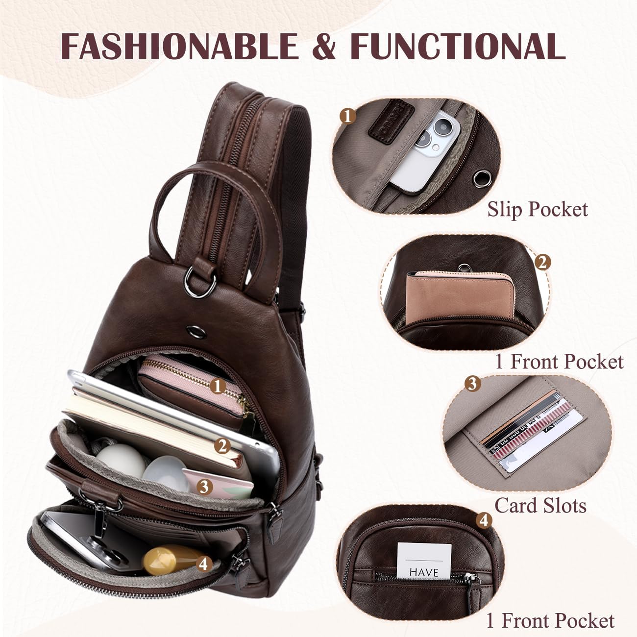 RAVUO Sling Bag for Women, Anti Theft Small Crossbody Backpack Purse Fashion PU Leather Ladies Convertible Daypack - Image 3