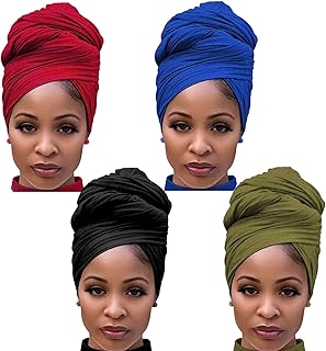 4 Packs Stretch Jersey Turban Head Wrap African Head Wrap for Women Head Scarf Ultra Soft Headband Long Hair Scarf Ultra Breathable Solid Color Turban Tie Large Headbands (Black,Red,Army Green,Blue)