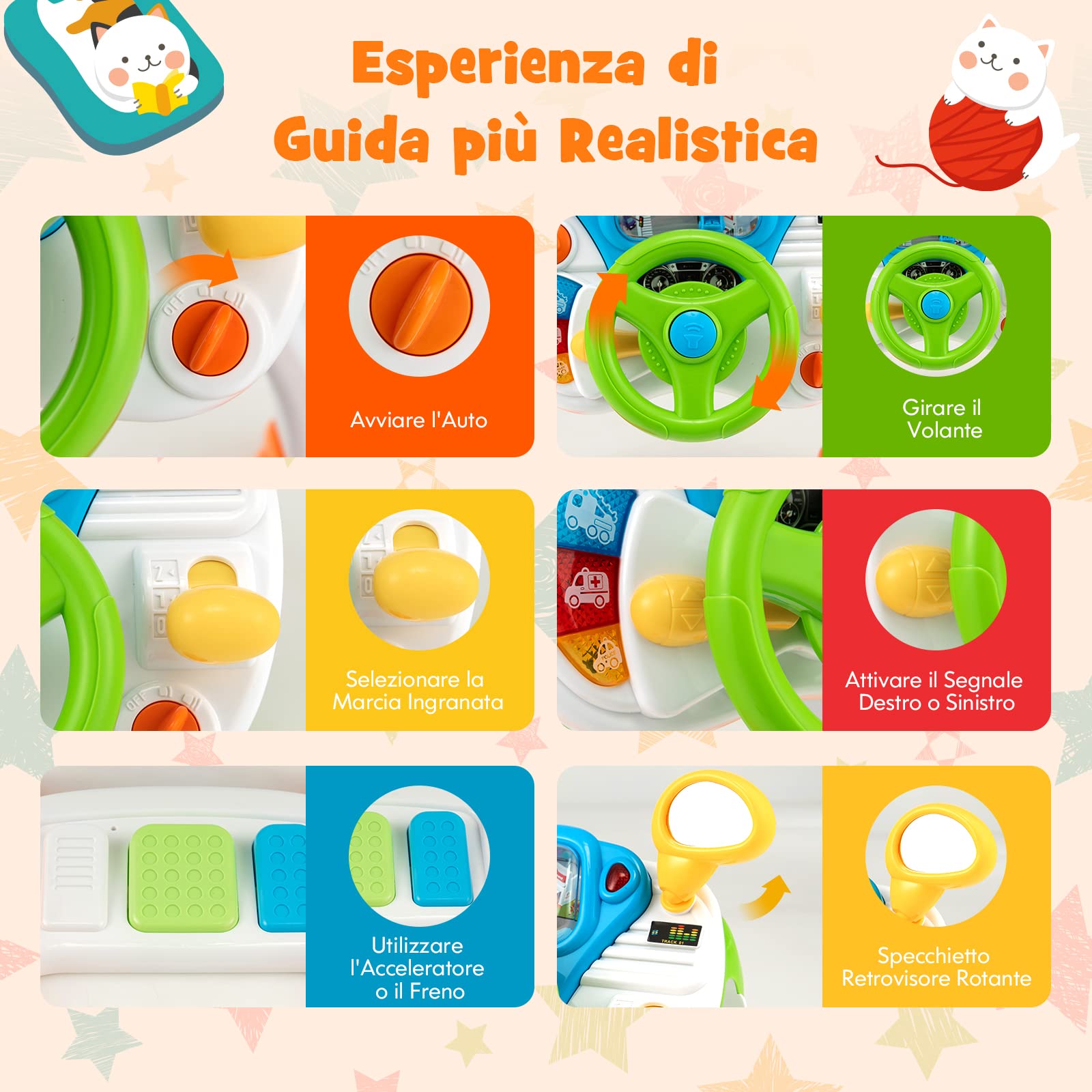 COSTWAY Volante per Bambini Educativa, Simulazione Volante di Guida Giocattolo con Sgabello, Luce Musica, Giocattoli Musicali per la Prima Educazione, Regalo per Bambini