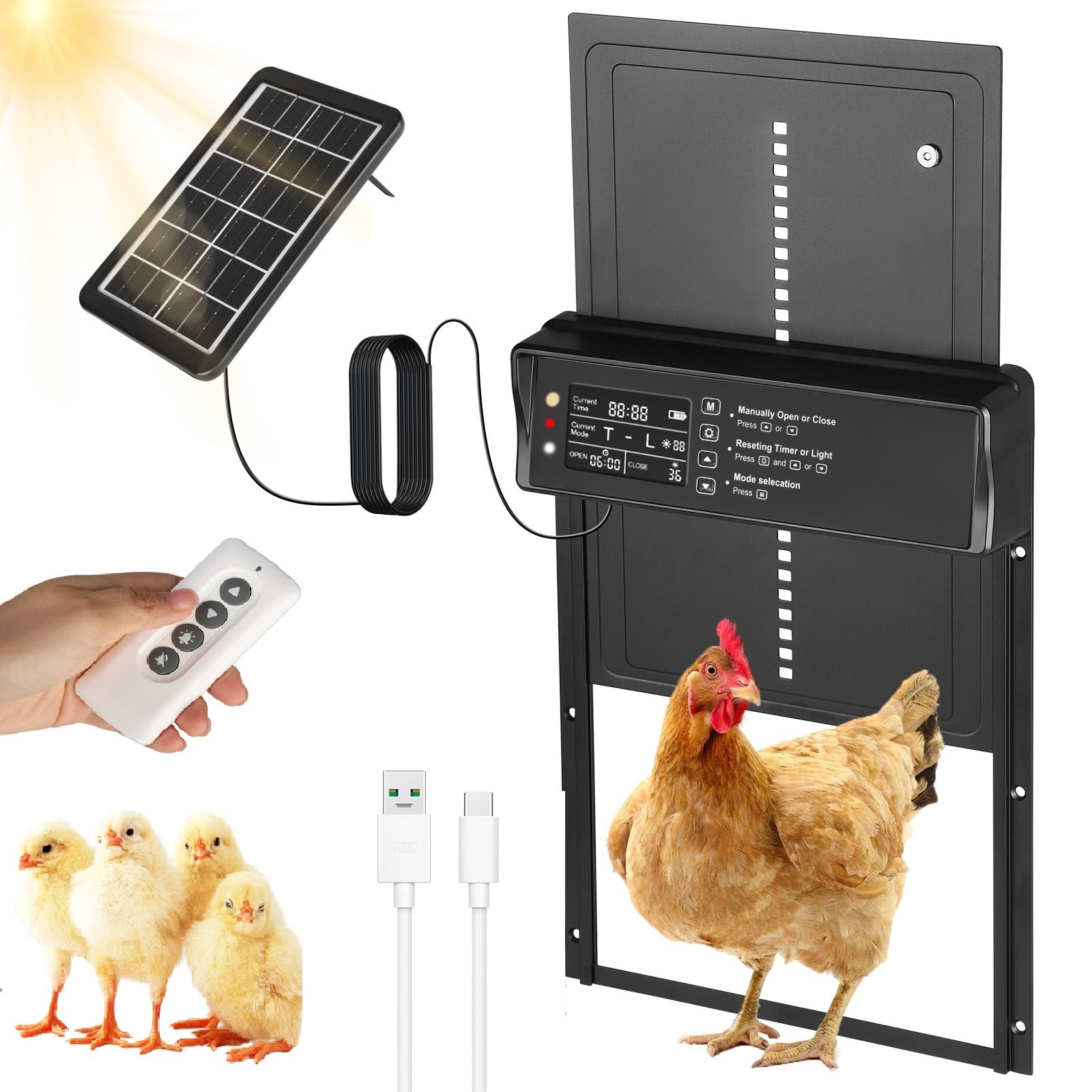 Puerta automática de gallinero solar IP45 aluminio con mando a distancia temporizador LED