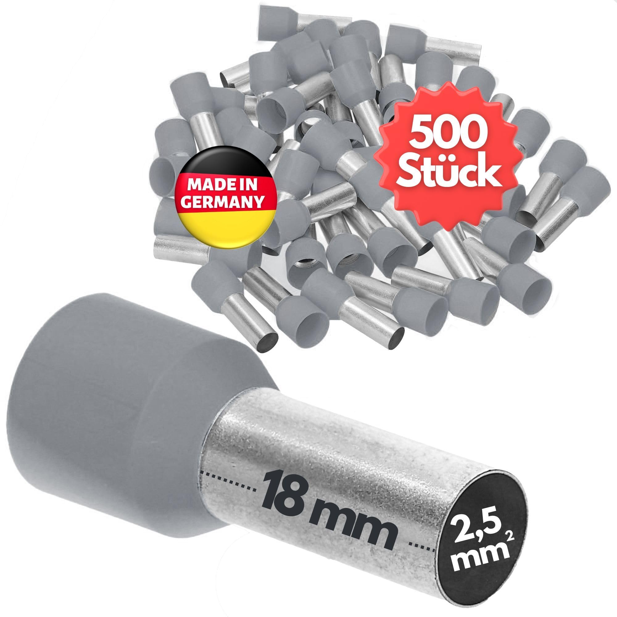 Kalitec AE2518GR tulejki kablowe, izolowane, 2,5 mm², długość 18 mm, szare, Made in Germany, jakość przemysłowa