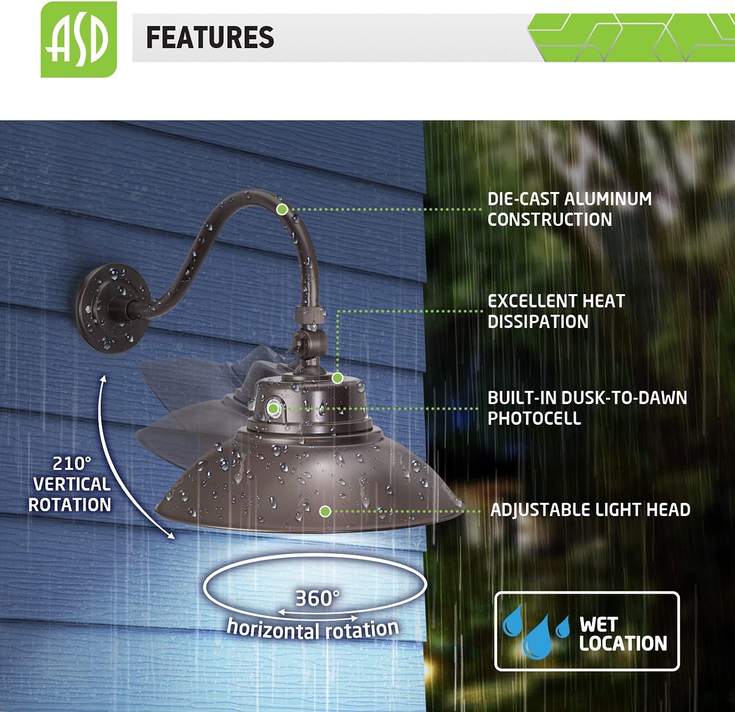 ASD LED Gooseneck Light 14" 42W with Photocell 5000K Bronze
