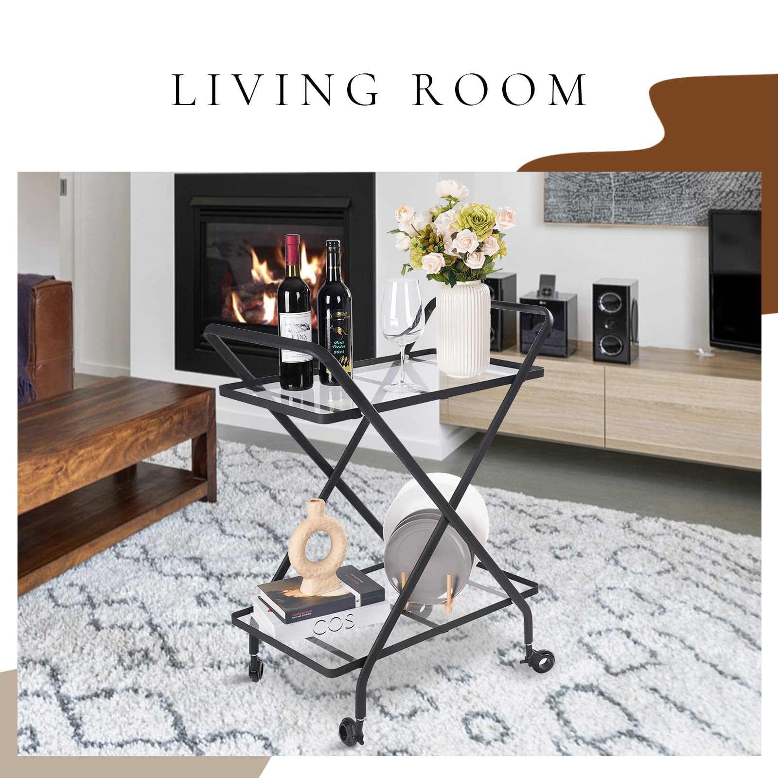 Jubao Bar Cart with Glass Shelves, New X Type Bar Carts for The Home, Double Handles & Lockable Scroll Wheels, Coffee Cart for Home Kitchen Dining Room & Outdoor