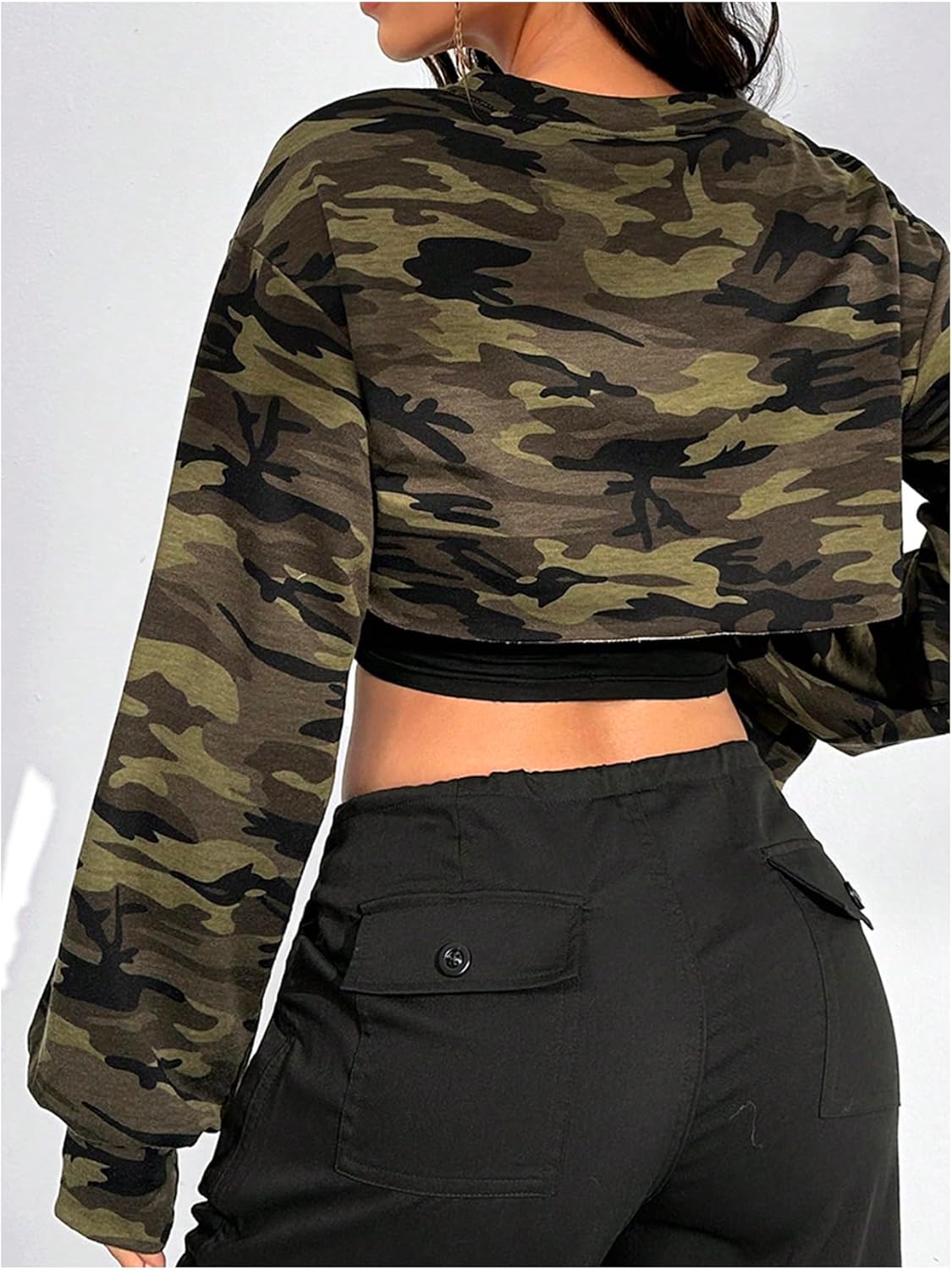 MakeMeChic Women's Camo Sweatshirts Fall Long Sleeve Crew Neck Super Crop Tops - Image 2