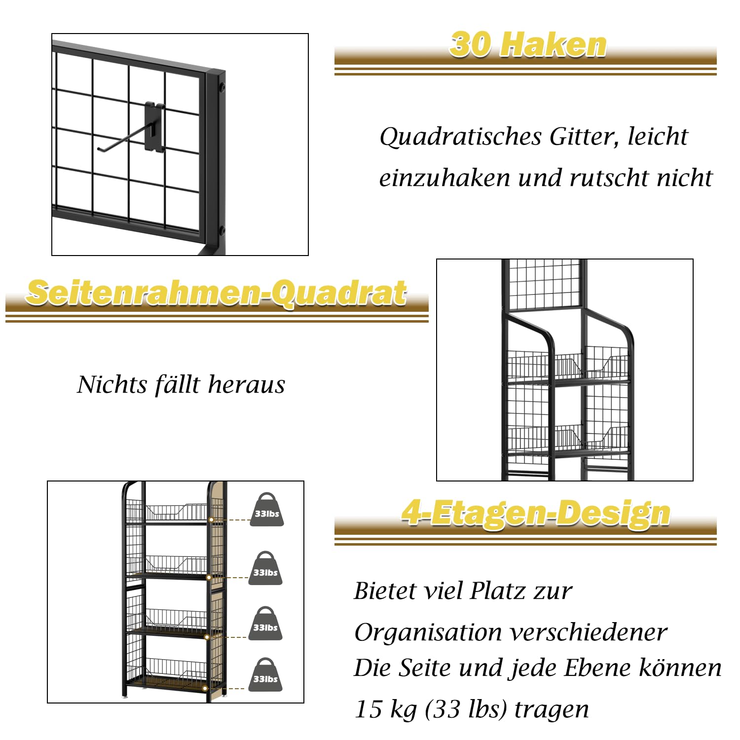4-stufiges Metall Präsentierregal mit 30 Haken, stabiler Drahtgitter Aufbewahrungsständer für Snacks, Lebensmittel, Laden & Zuhause