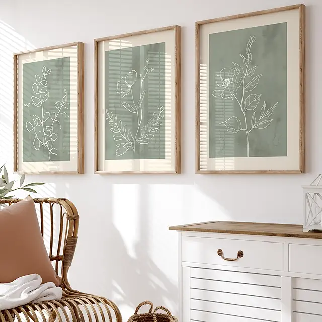 Set of 3 Sage Green Botanical Prints - Green Wall Art for Living Room & Bedroom