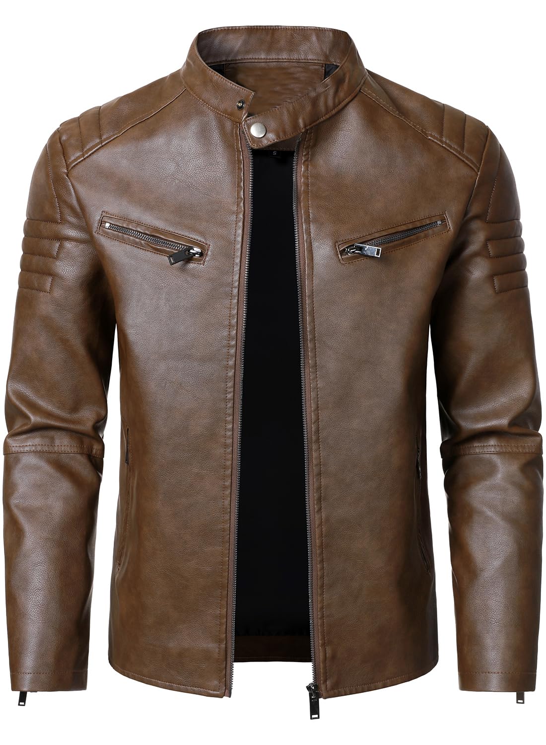 HOOD CREW Herren Kunstleder Motorradjacken Stehkragen Lederjacke Vintage Mäntel Outwear