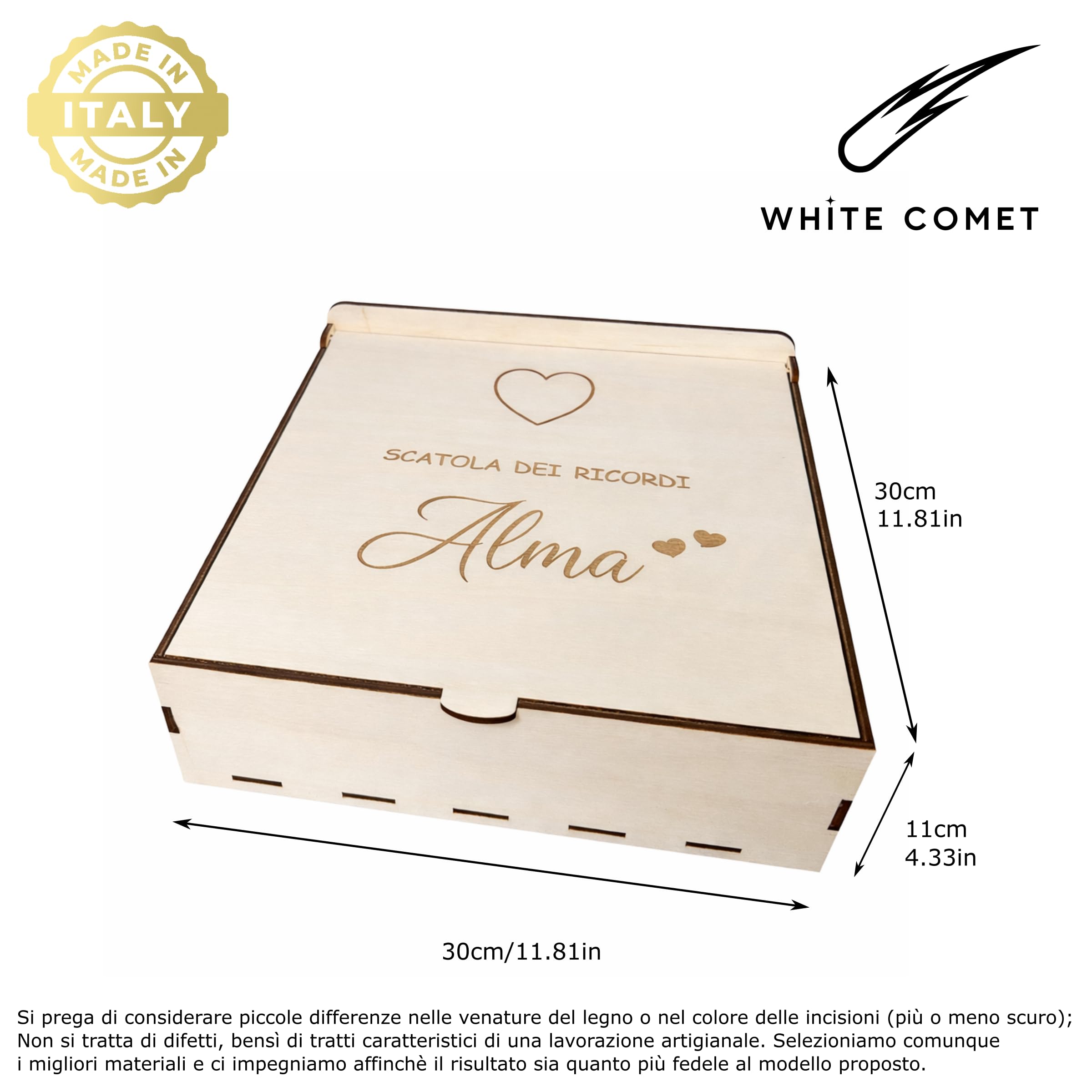 WHITE COMET Scatola dei Ricordi in Legno Personalizzata per Neonati - Cofanetto Porta Ricordi Nascita, Battesimo, Regalo Bebè Bimba, Bimbo - Con Incisione Nome