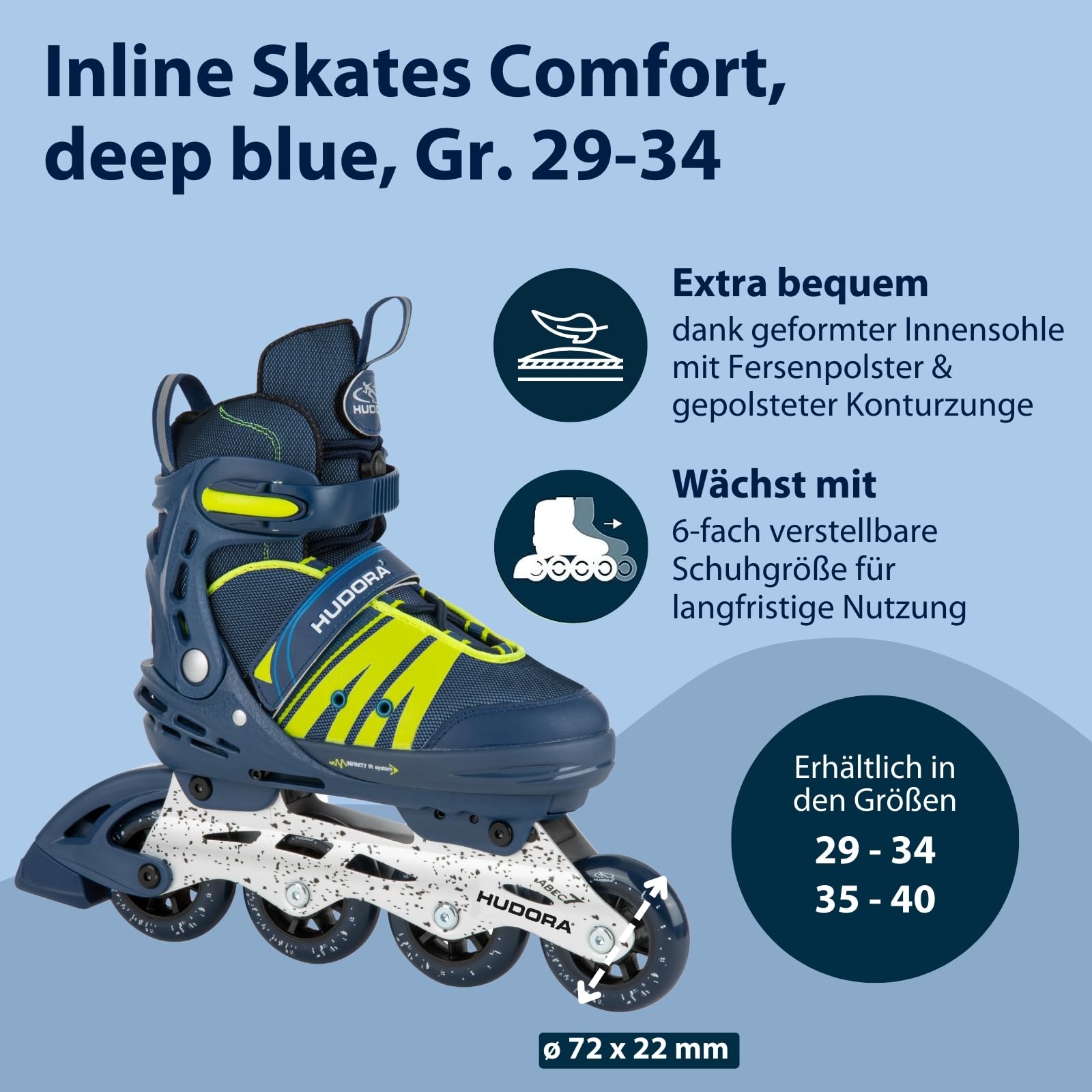 HUDORA Inline Skates Comfort - Inliner für Kinder & Jugendliche in versch. Größen - Roller Skates bis zu 6 Größen in Weite & Länge verstellbar - atmungsaktive Freizeit Inline Skates