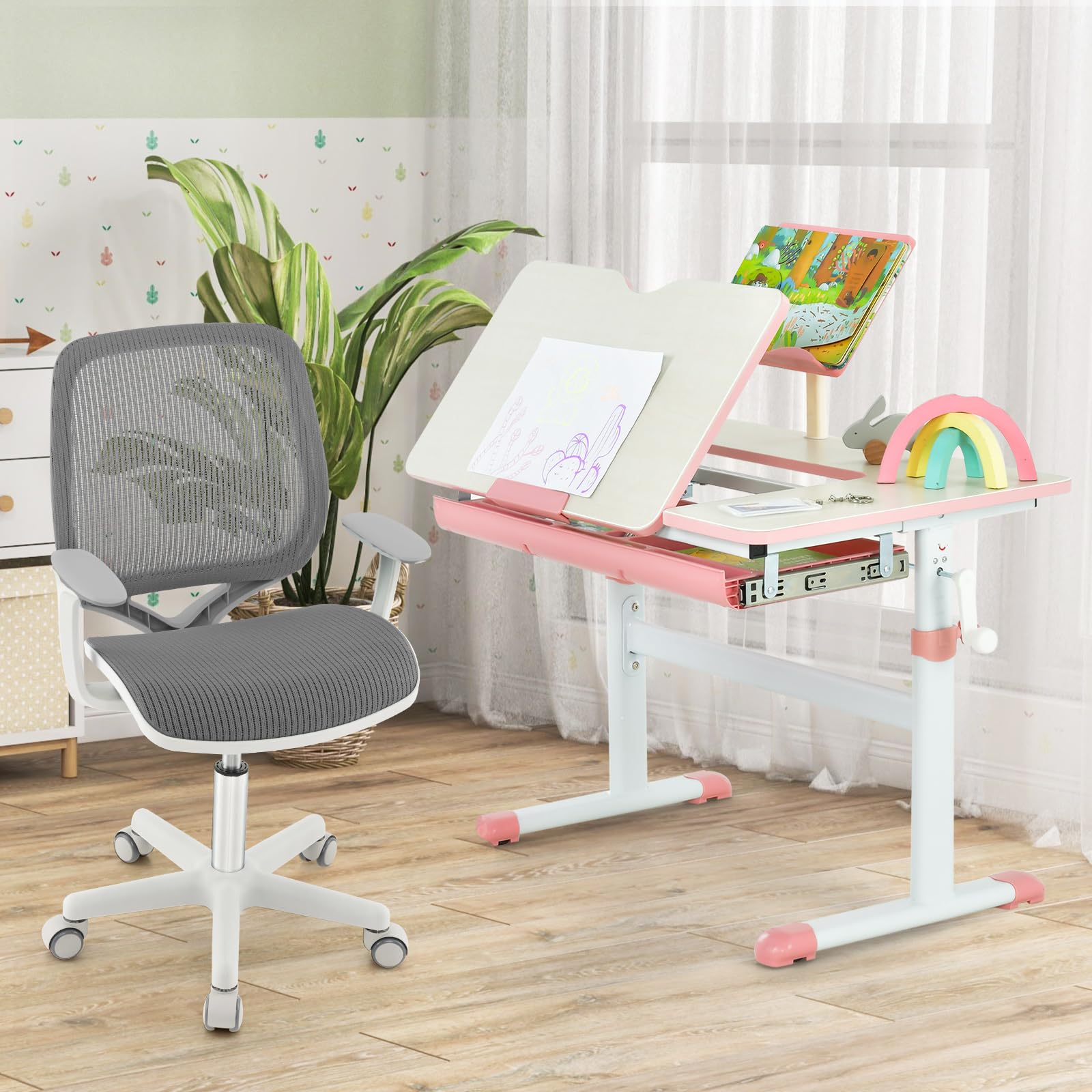 FANTASK Ergonomischer Schreibtischstuhl Kinder, Höhenverstellbar 43-55cm, 360° Drehstuhl mit Rückenlehne & Armlehnen, Bürostuhl mit 5 arretierbaren Rollen, für Kinder ab 6 Jahren (Grau)