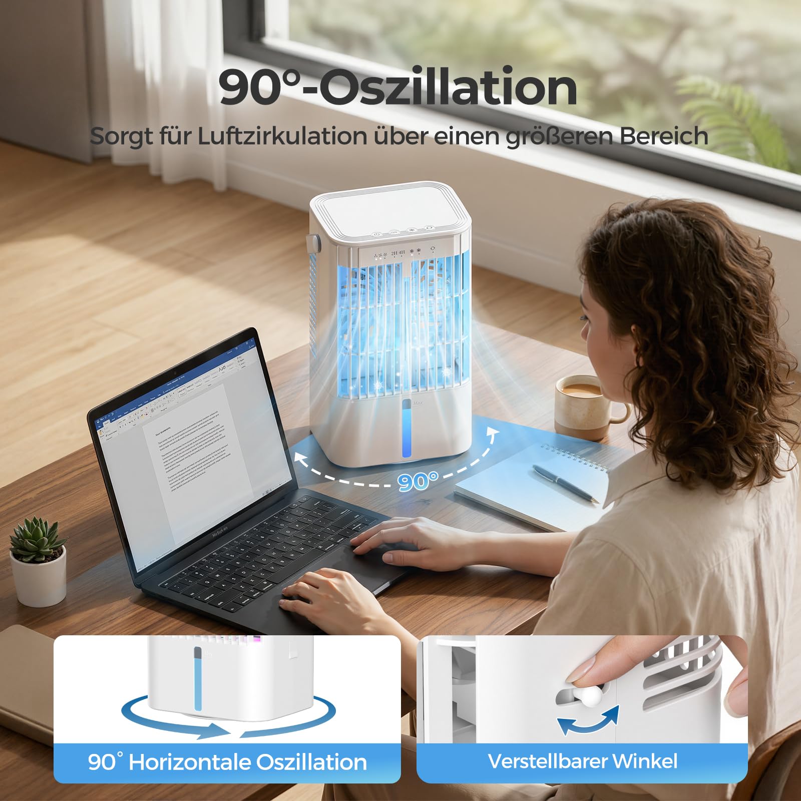Mowend Mobilny mini klimatyzator 3 w 1, mały, ze zbiornikiem na wodę o pojemności 1200 ml, 3 poziomy prędkości, 2 tryby zimnej mgły, 7 kolorów z timerem 2/4h, idealny do domu i biura