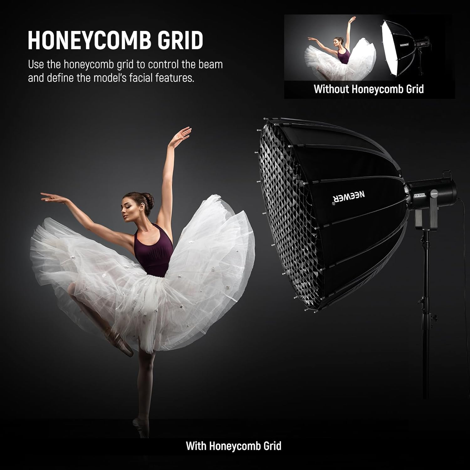 NEEWER 47"/120cm Parabolic Softbox Bowens Mount, Quick Setup with Diffusers/Grid/Bag for Video Continuous Lighting CB60 CB200B MS60 MS150B Q4 Compatible with Godox Compatible with Aputure 600d, NS120P