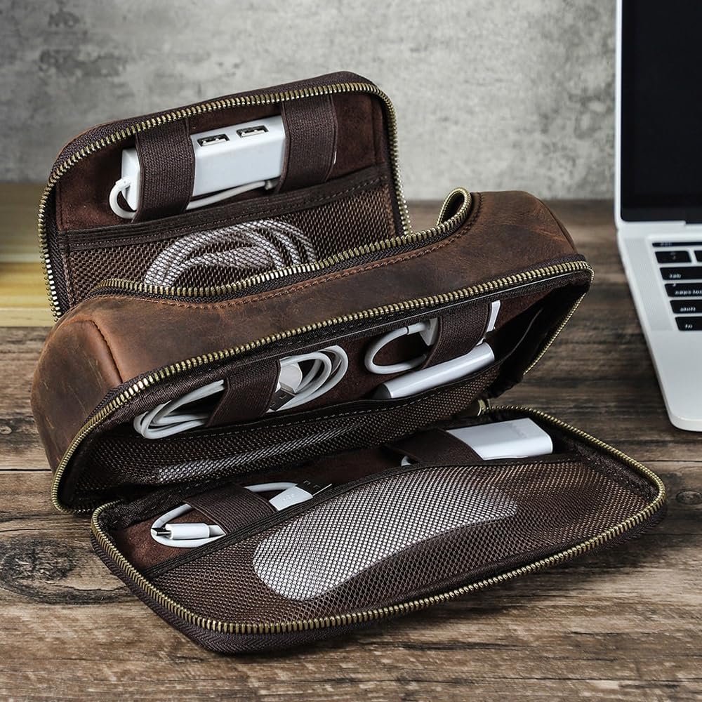 Bolsa organizadora de Cables de Viaje, Estuche Enrollable for Cargador con Cremalleras, Organizador tecnológico de Cuero for Banco de energía, Cables, artículos Esenciales de Viaje(Red)
