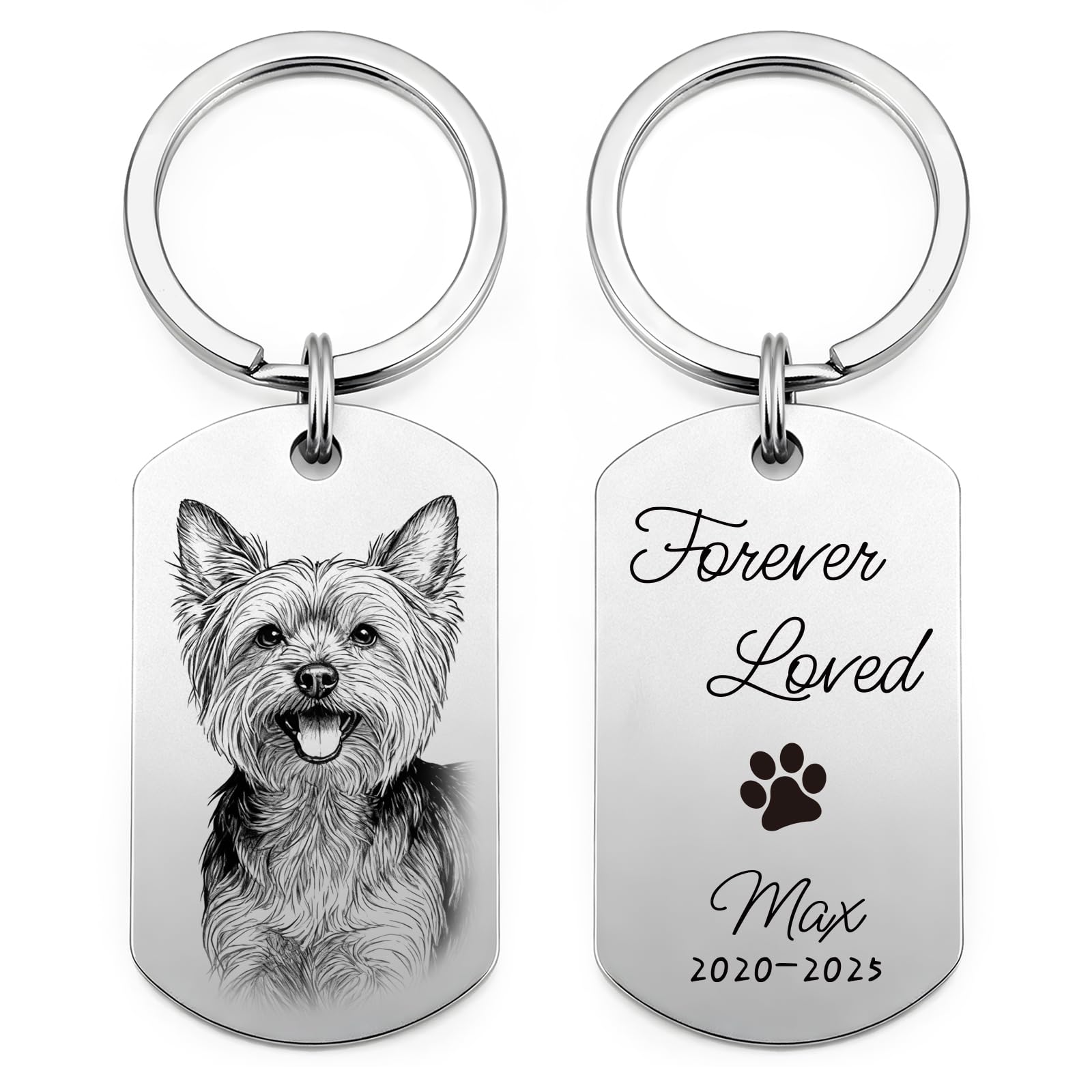 CDBUY Personalised Dog or Cat Photo Keyring, Custom Engraved Pet Portrait with Name, Memorial Gift Keepsake (Dog Tag – Memorial Style)