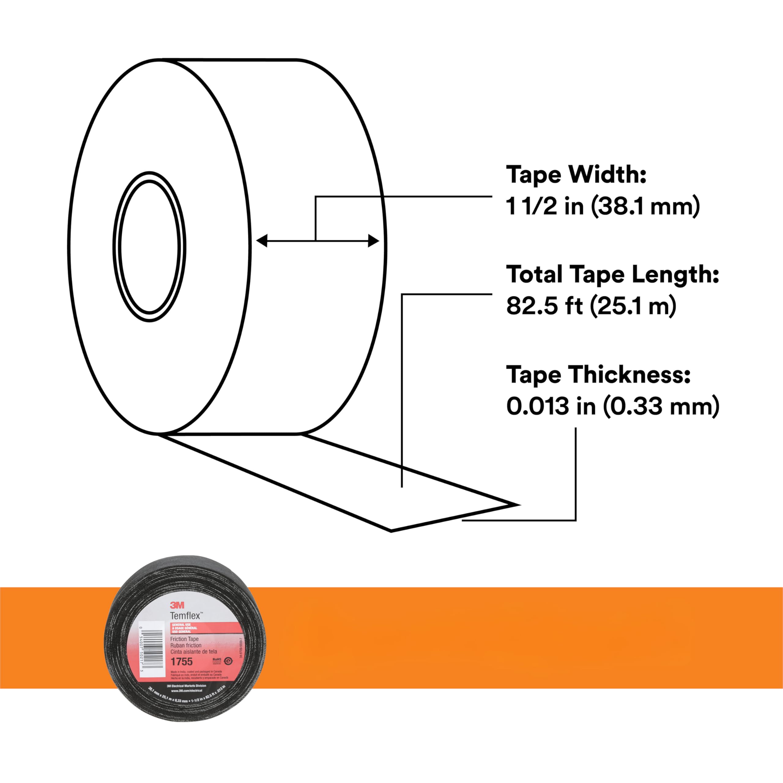 3M Temflex Cotton Friction Tape 1755, Black, 1-1/2" Width, 82-1/2 Foot Length