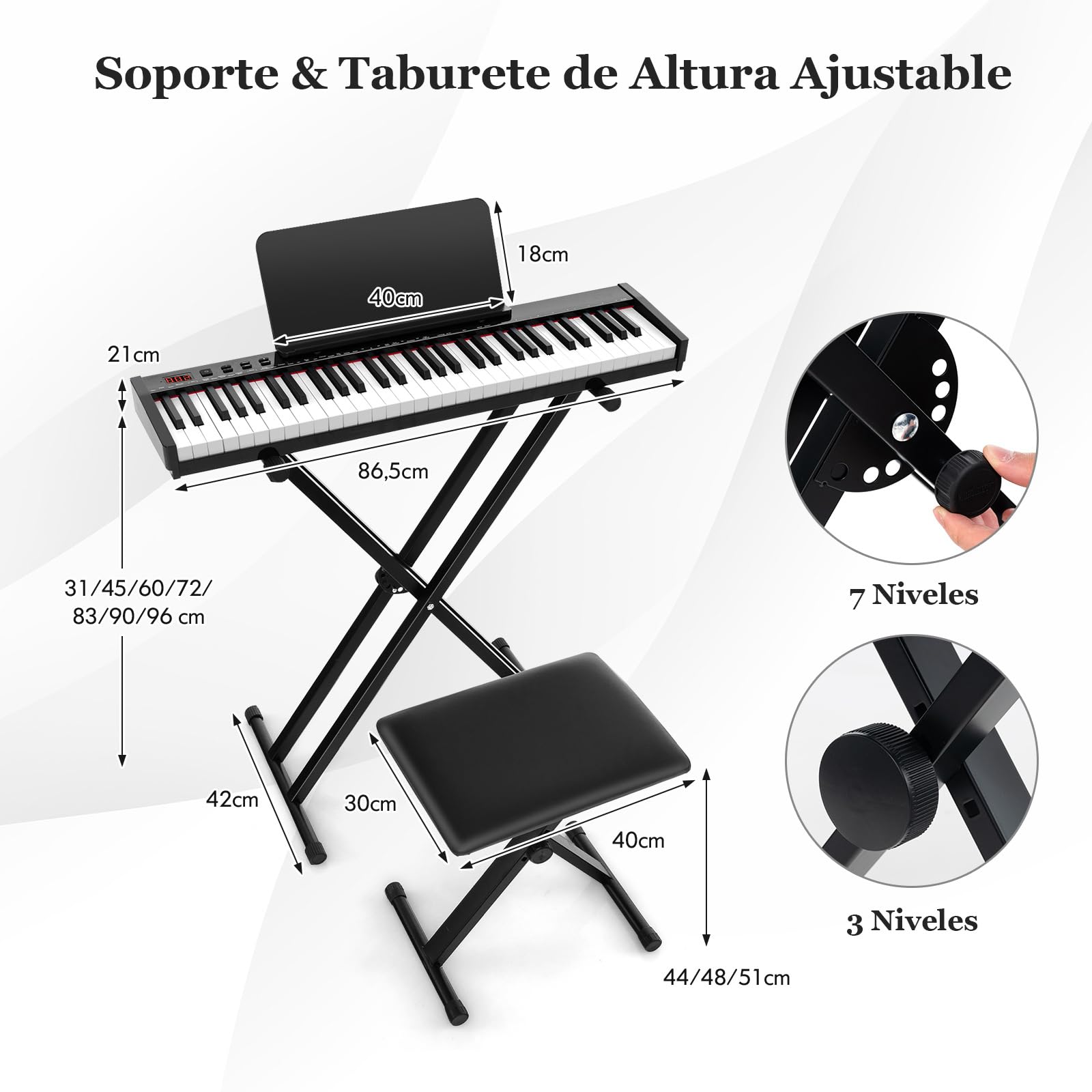 COSTWAY Teclado Electrónico de 61 Teclas con Taburete de Piano, Piano Electrico con Soporte para Teclado, Set de Piano Digital con Teclas Semi-Pesadas, Función de Audio MIDI Inalámbrica