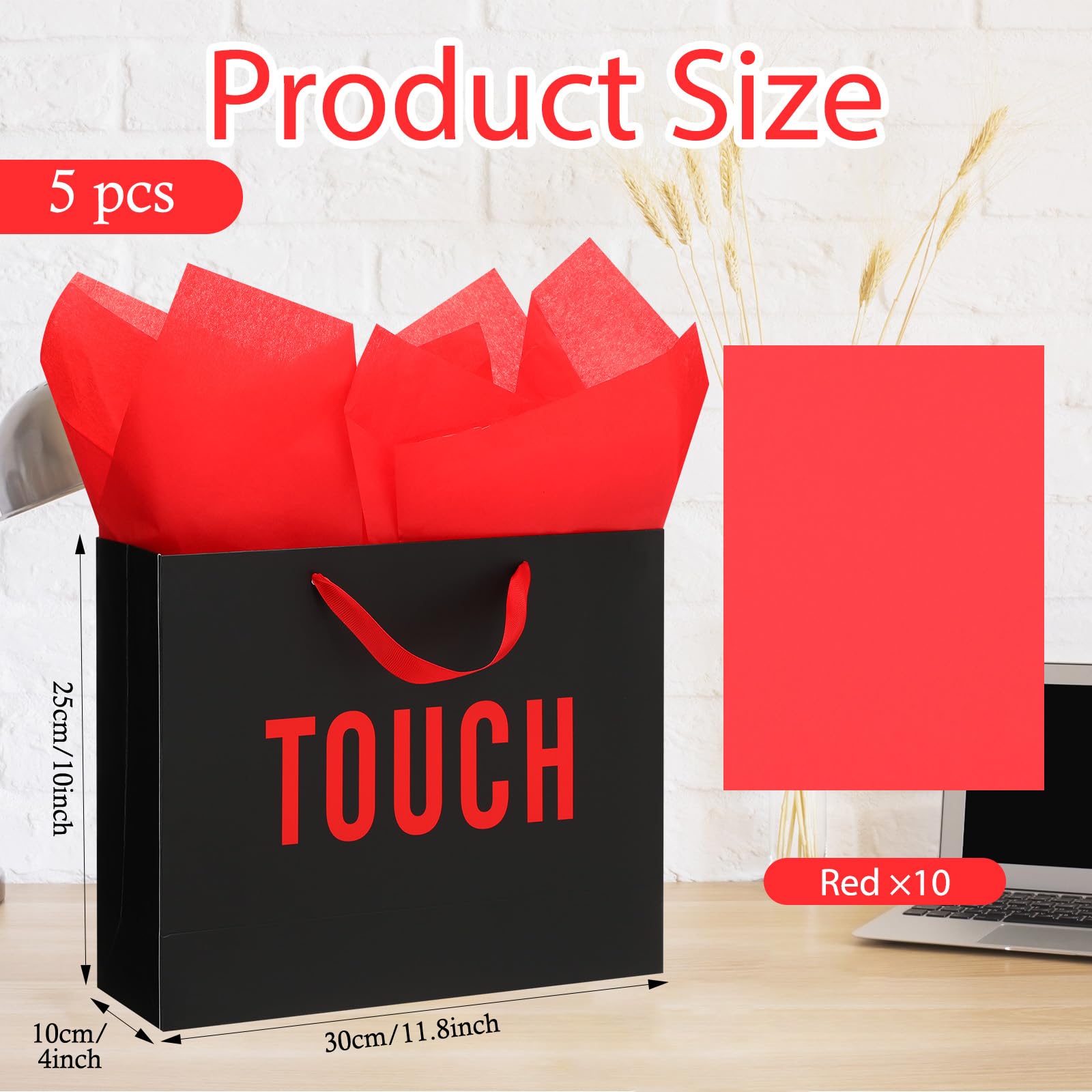 Kolldenn 5 Senses Gift Bags for Him and Her Five Senses Gift Bag with Ribbon Handles and Tissue Paper Present Wrappings for Valentine Wedding Birthday Mothers Day (Black Red,11.8 x 10 x 4 Inch)