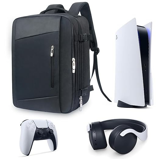 Hap Tim Travel Backpack for PS5 Console, Padded Protection PlayStation 5 Carrying Case, Large Capacity for Laptop, PS5 Controller, Headset, Game Discs and Accessories, Black (P-2306)